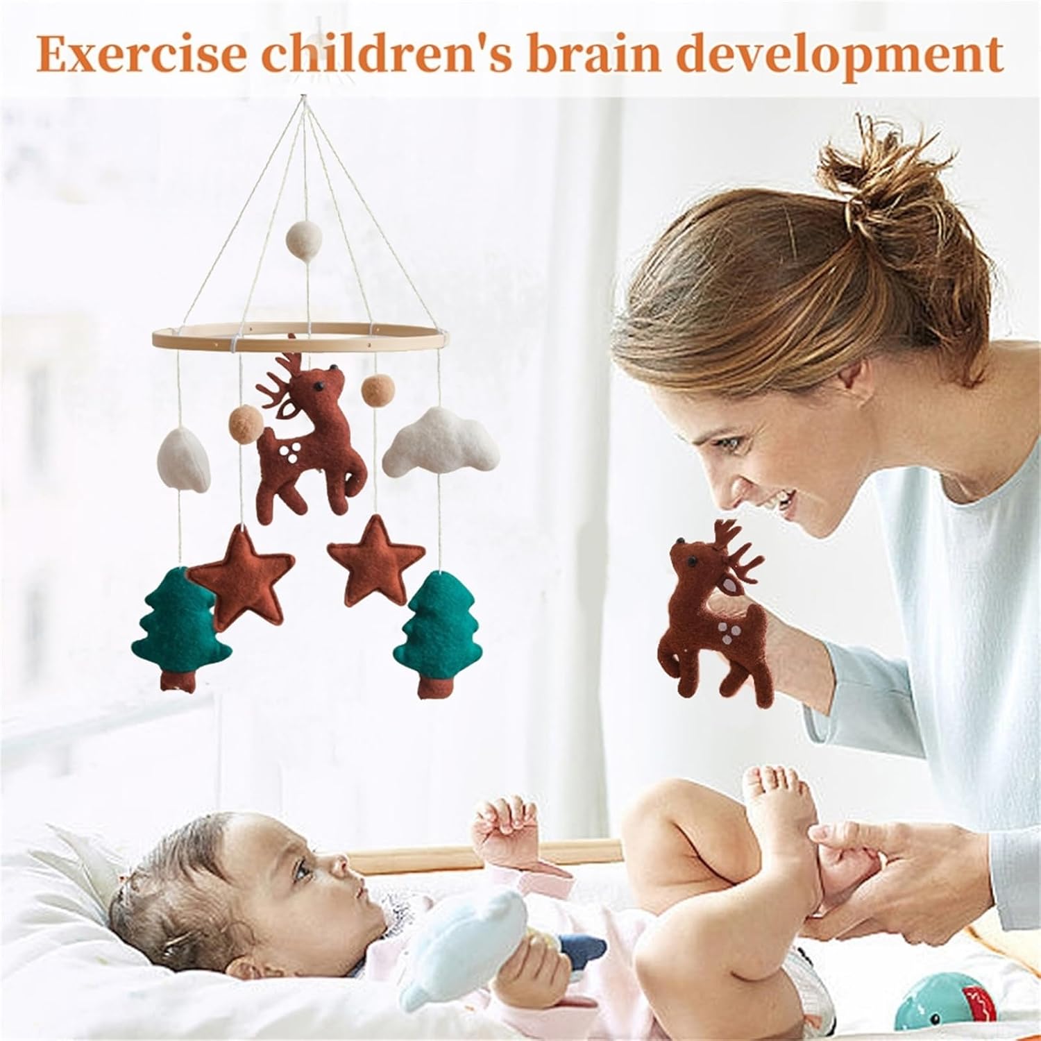 Erboinely Animal Crib Mobile Handmade Deer Decor Gender-Neutral Nursery Hanging Ornament