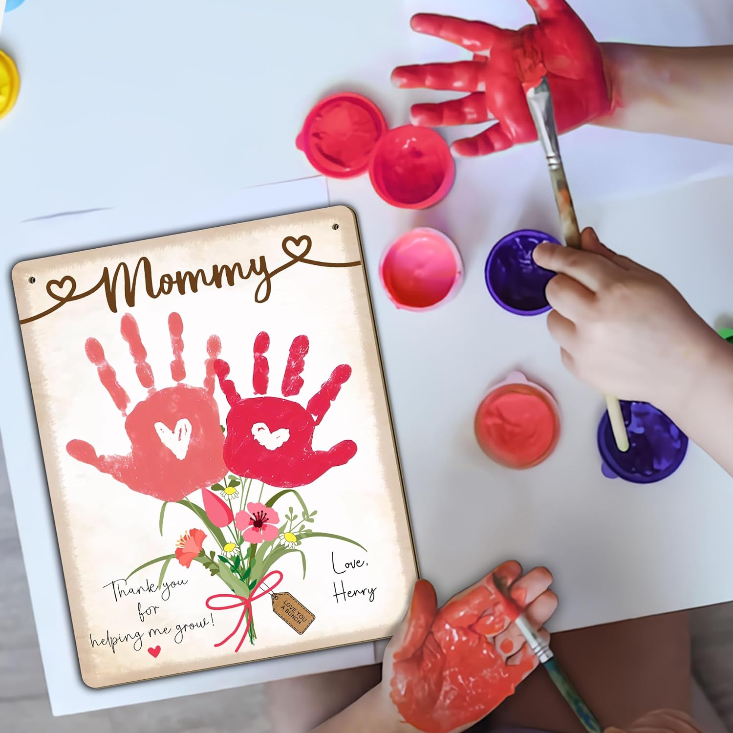 DIY Babys First Mothers Day Handprint Flowers Hanging Sign for Mom