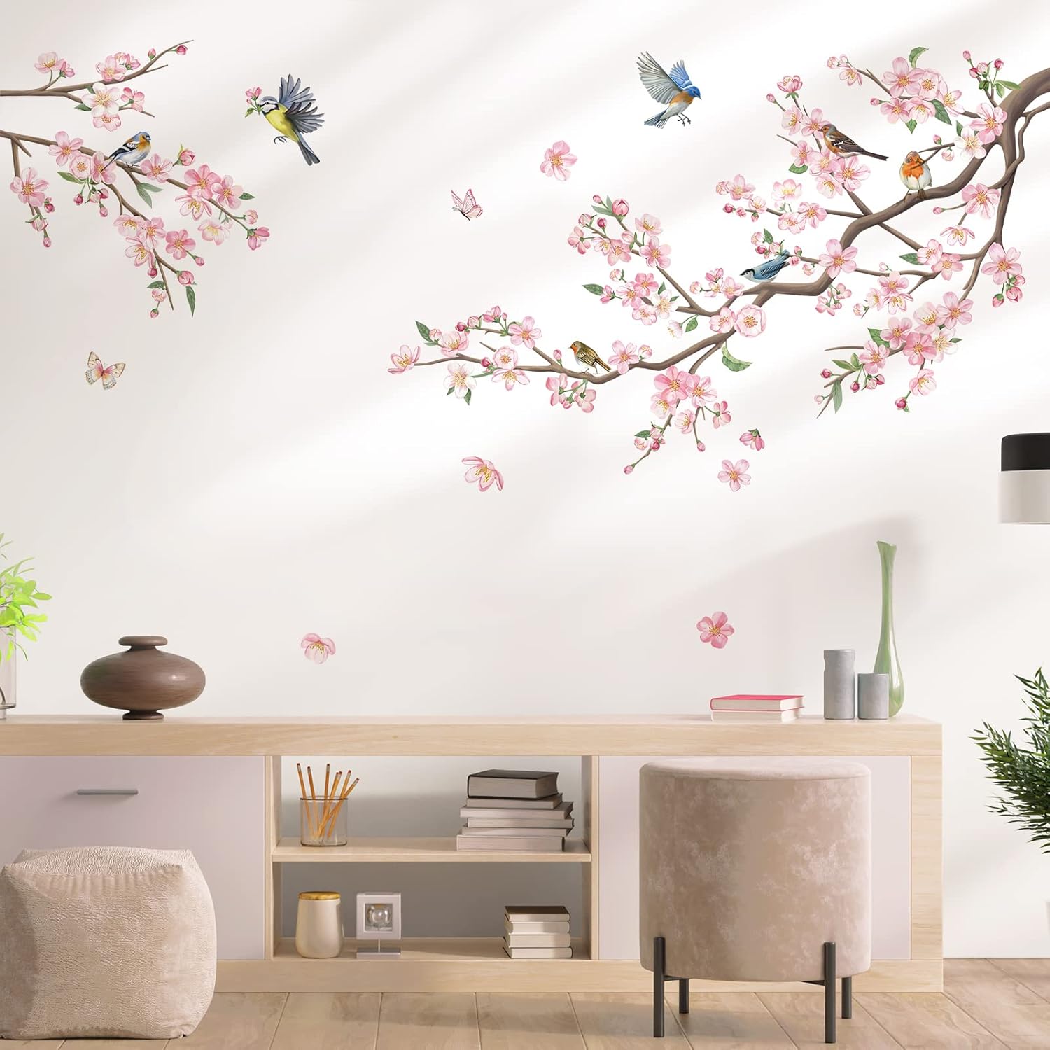 Decalmile Pink Blossom Floral Birds Wall Decals for Kids Bedroom Living Room Window Decor