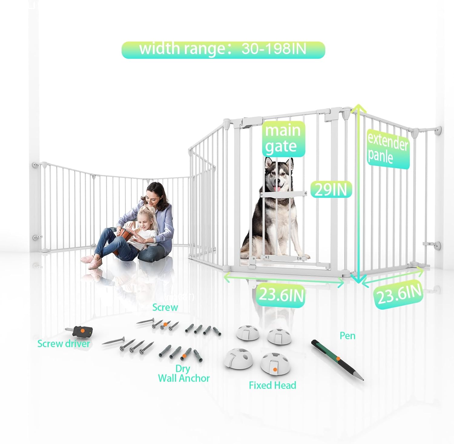 198 Inch Extra Wide Baby Gate with Cat Door Auto Close White