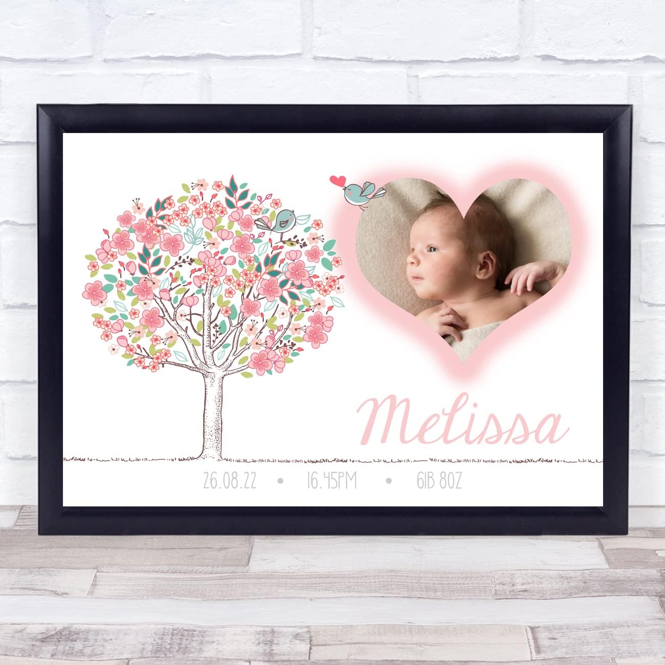 New Baby Birth Details Christening Nursery Pink Tree Photo Keepsake Gift Print 1