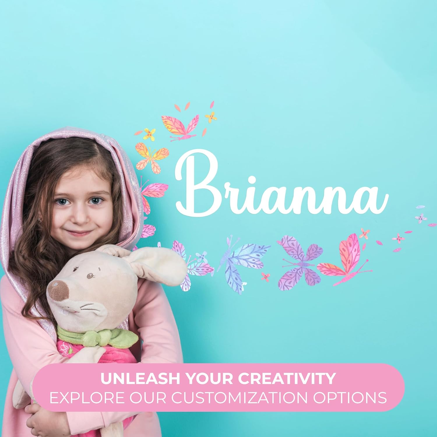 Personalized Name Wall Decals for Girls Bedroom - Butterfly Pink Room Decor with Rainbow Choices - Multiple Sizes