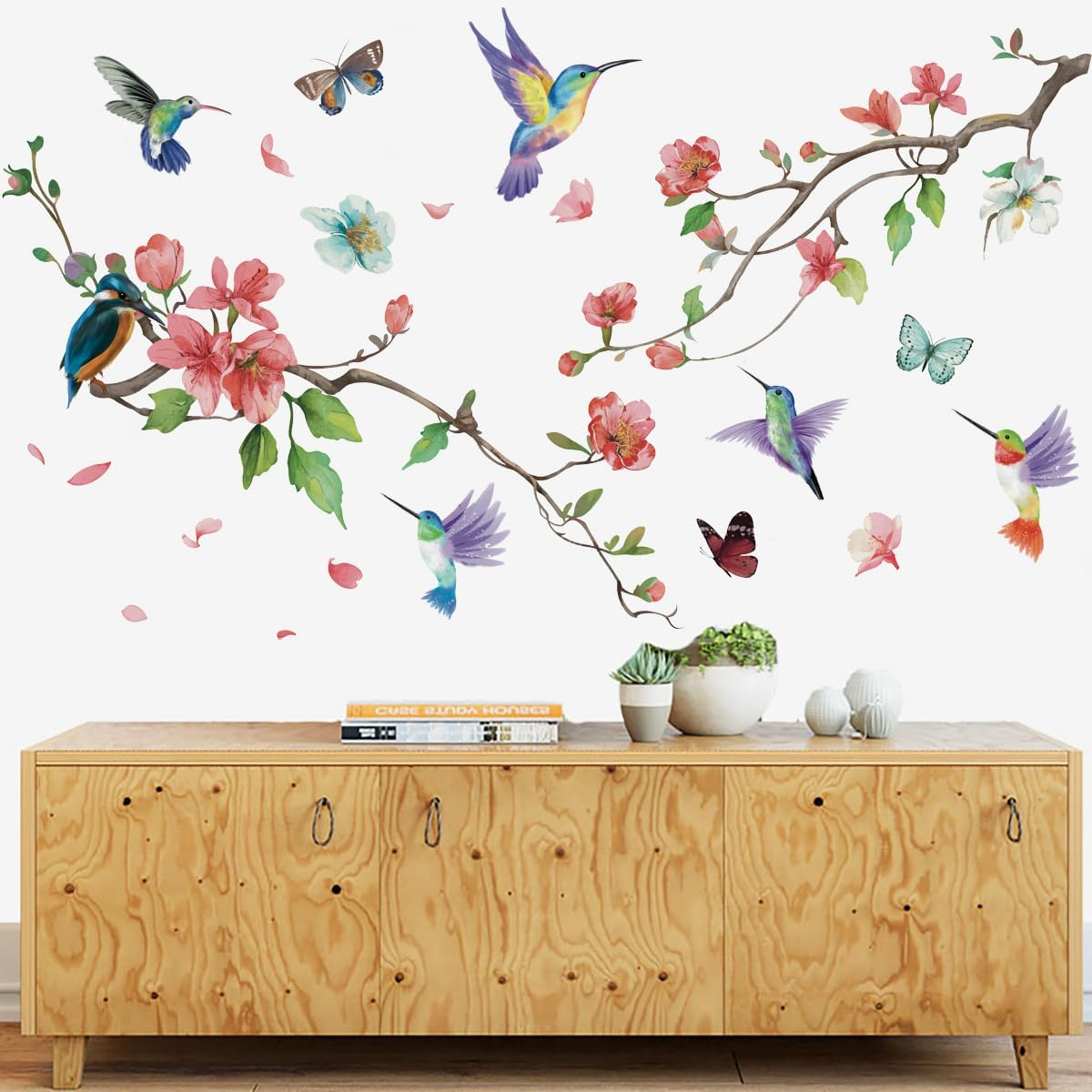 Runtoo Hummingbird Pink Floral Wall Decal Sticker