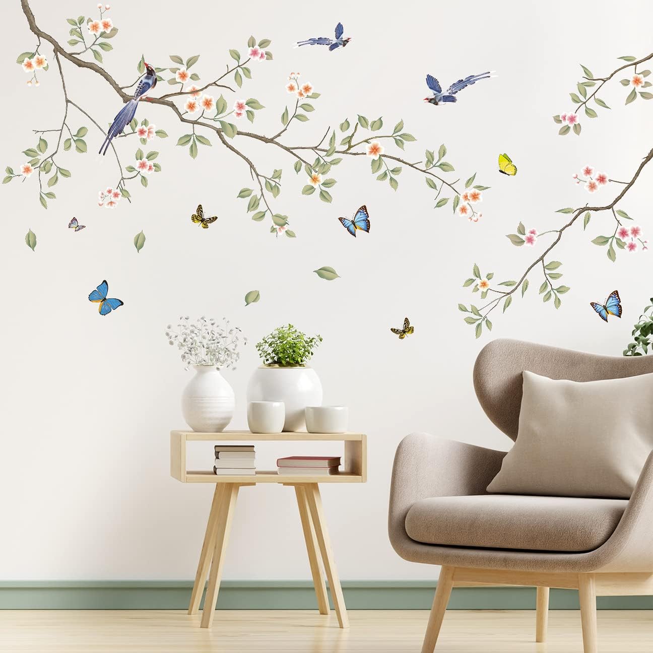 Green Leaf Branch Wall Decals with White Flowers and Butterflies