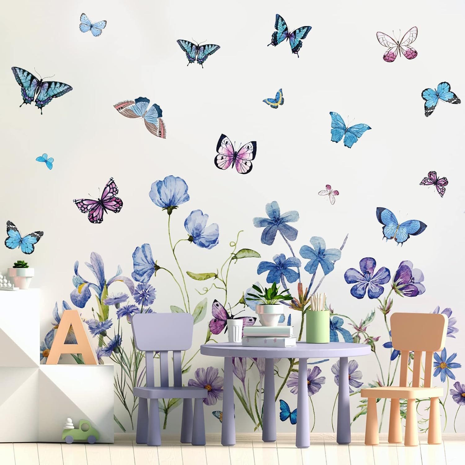 2 Sheets Blue Flower Wall Decals for Girls Bedroom Decor