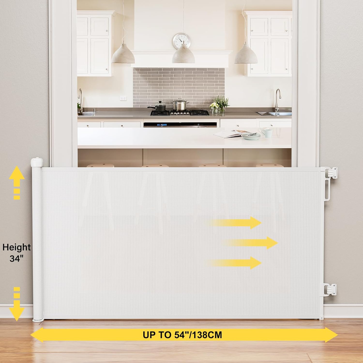 Retractable Baby Gate for Stairs and Doorways 54 Wide 34 Tall Mesh Safety Gate White
