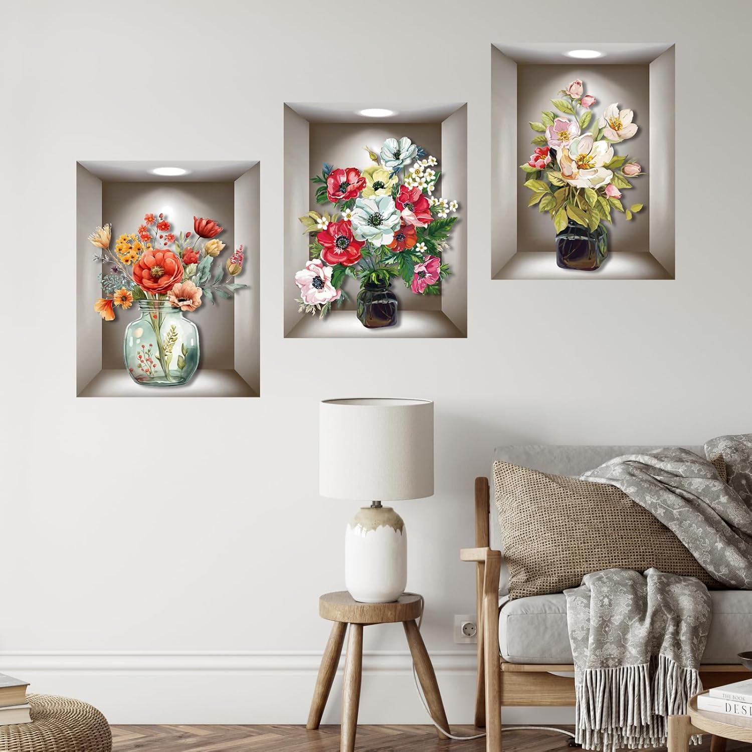 Supzone 3D Vase Wall Stickers - 3 Pcs Vintage Flower Decor