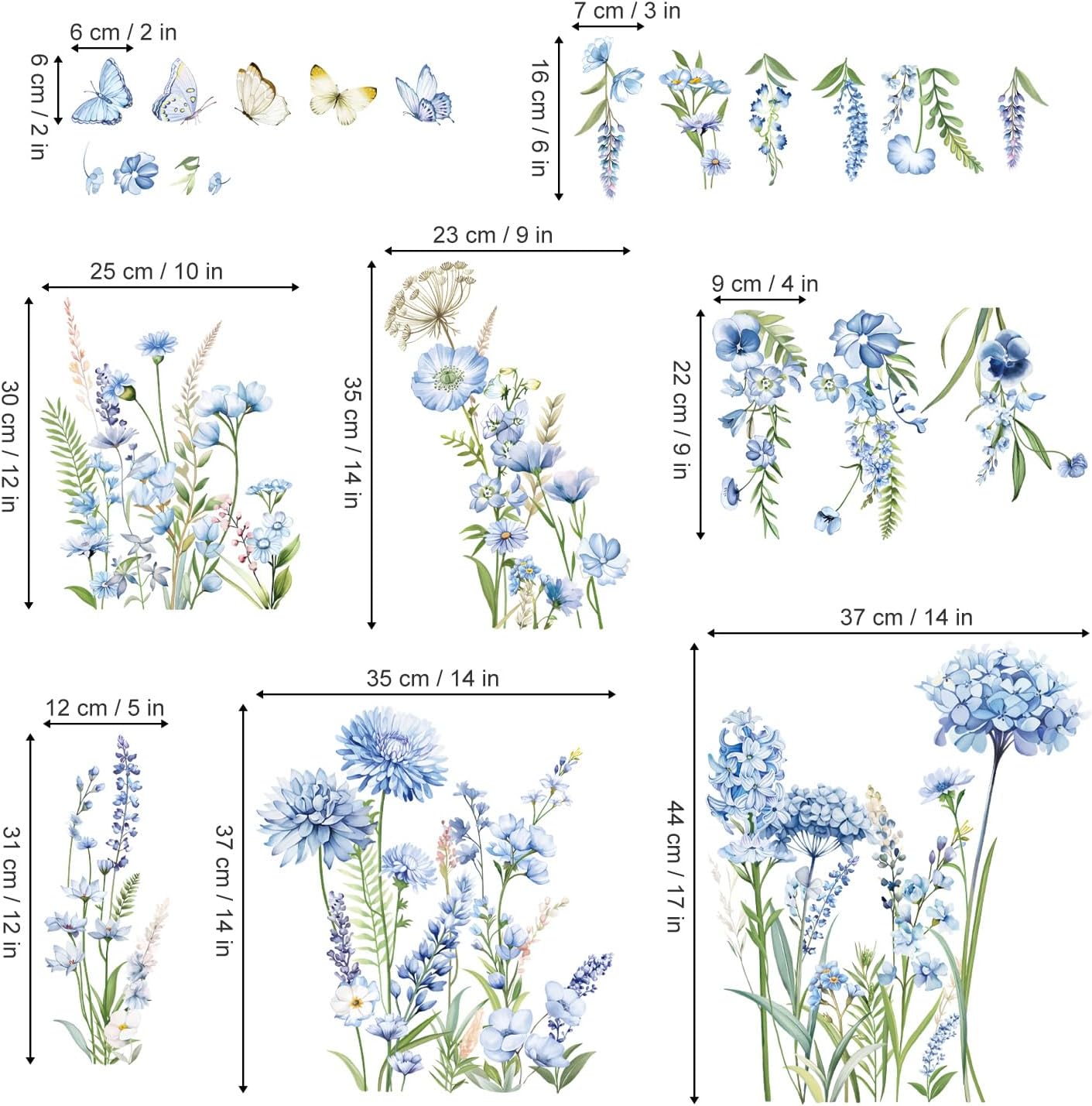 Decalmile Wildflower Wall Stickers Blue Floral Garden Decor