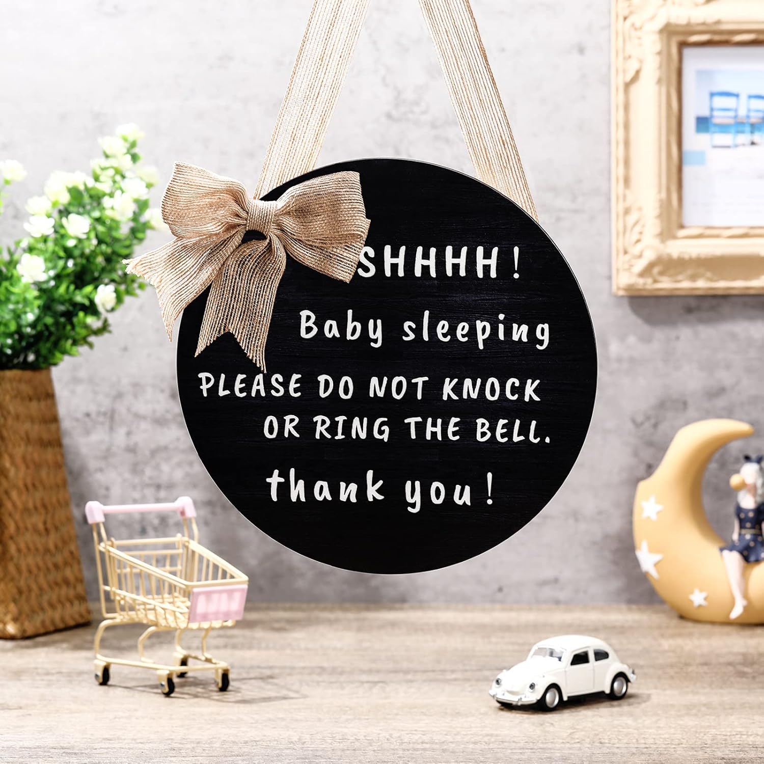 Yalikop Cute Bow Baby Door Sign 10 Inches Round Black