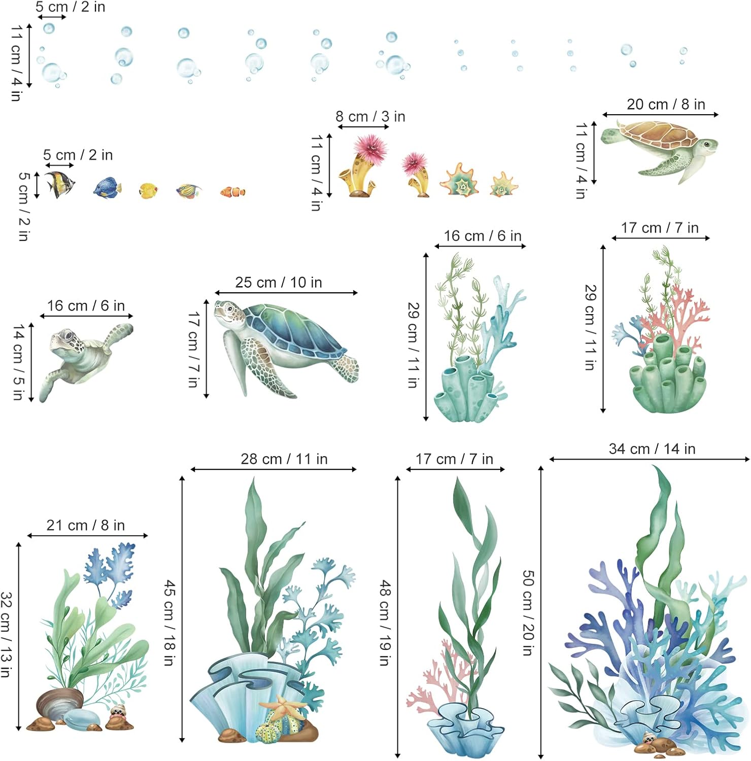 Wondever Ocean Seaweed Grass Wall Stickers Turtle Under Sea Peel and Stick Art Decals for Baby Nursery Kids Room