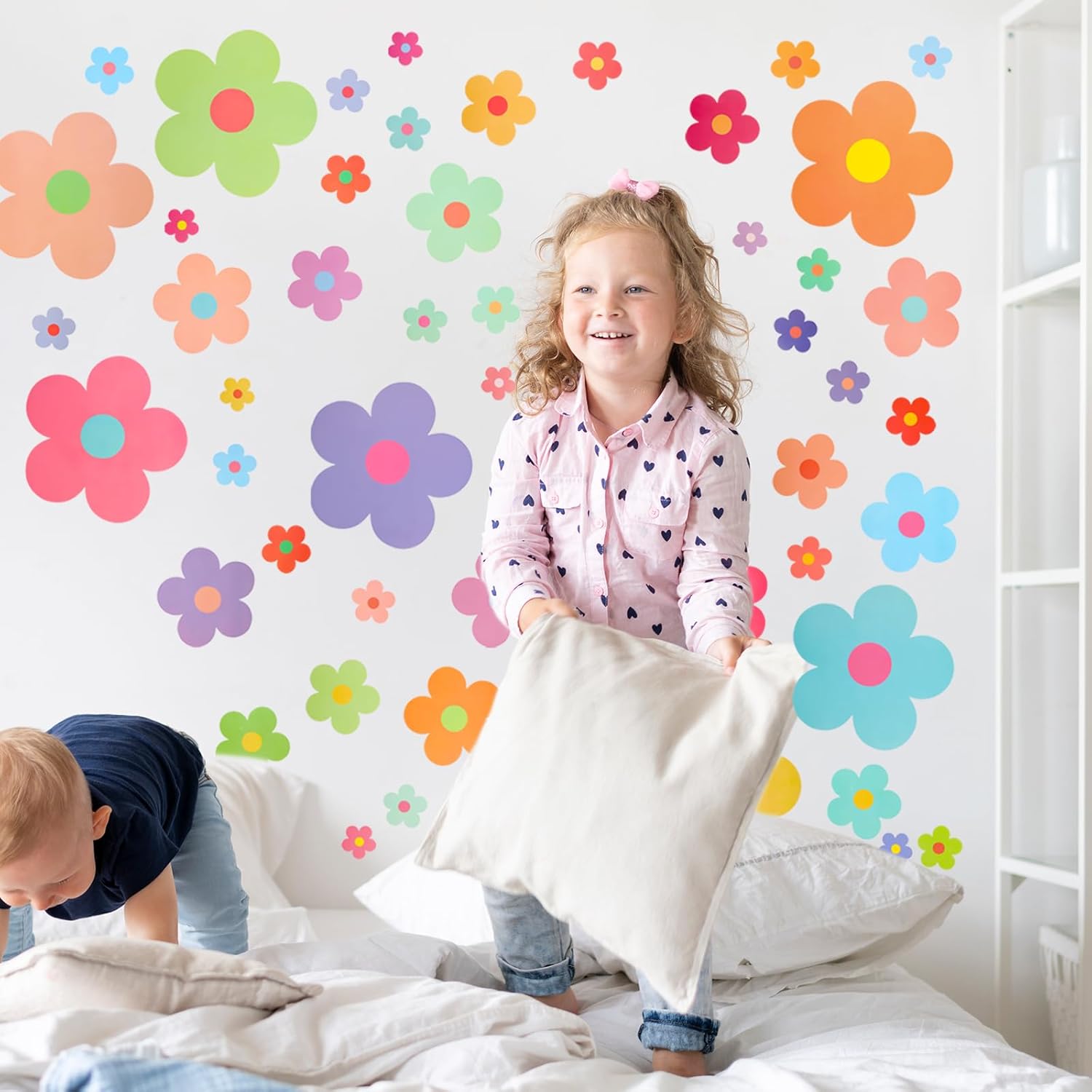 COMNICO 63pcs Colorful Y2K Floral Wall Stickers for Kids Bedroom Decor