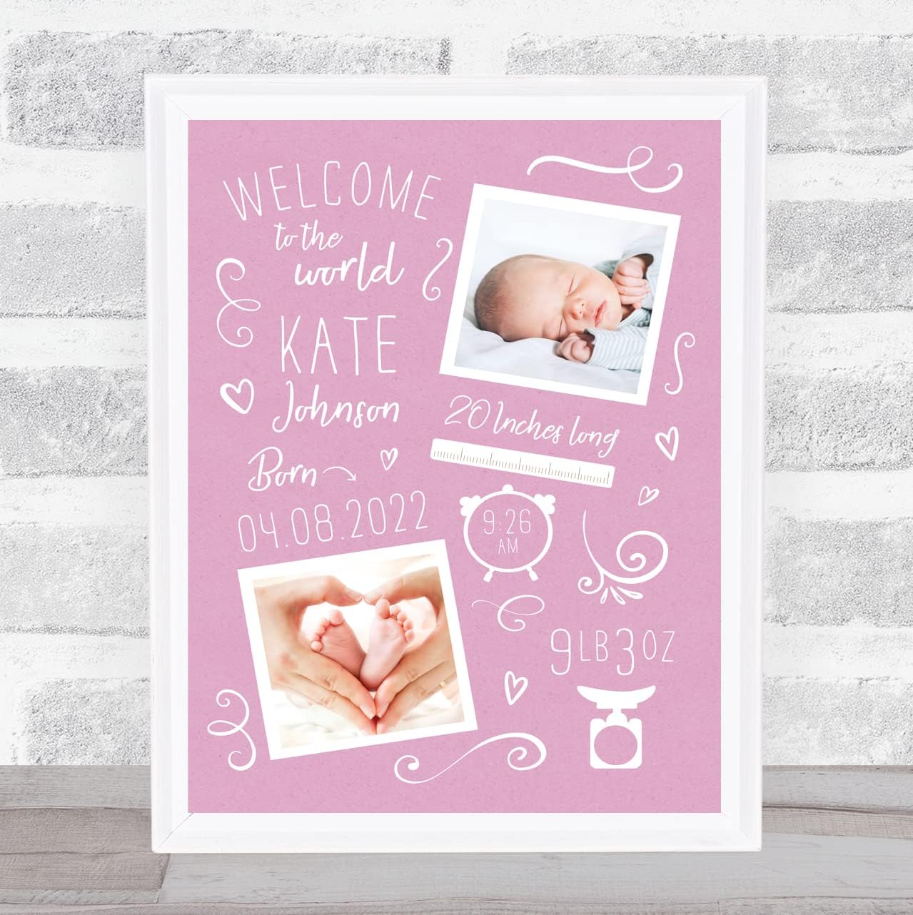 New Baby Birth Doodle Typographic 2 Photos Pink Keepsake Print