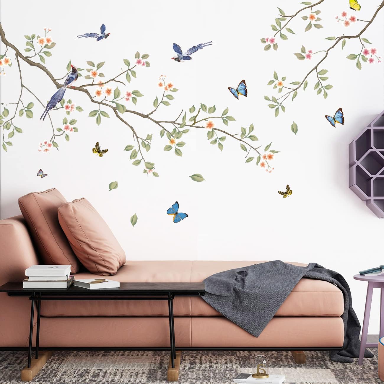 Green Leaf Branch Wall Decals with White Flowers and Butterflies