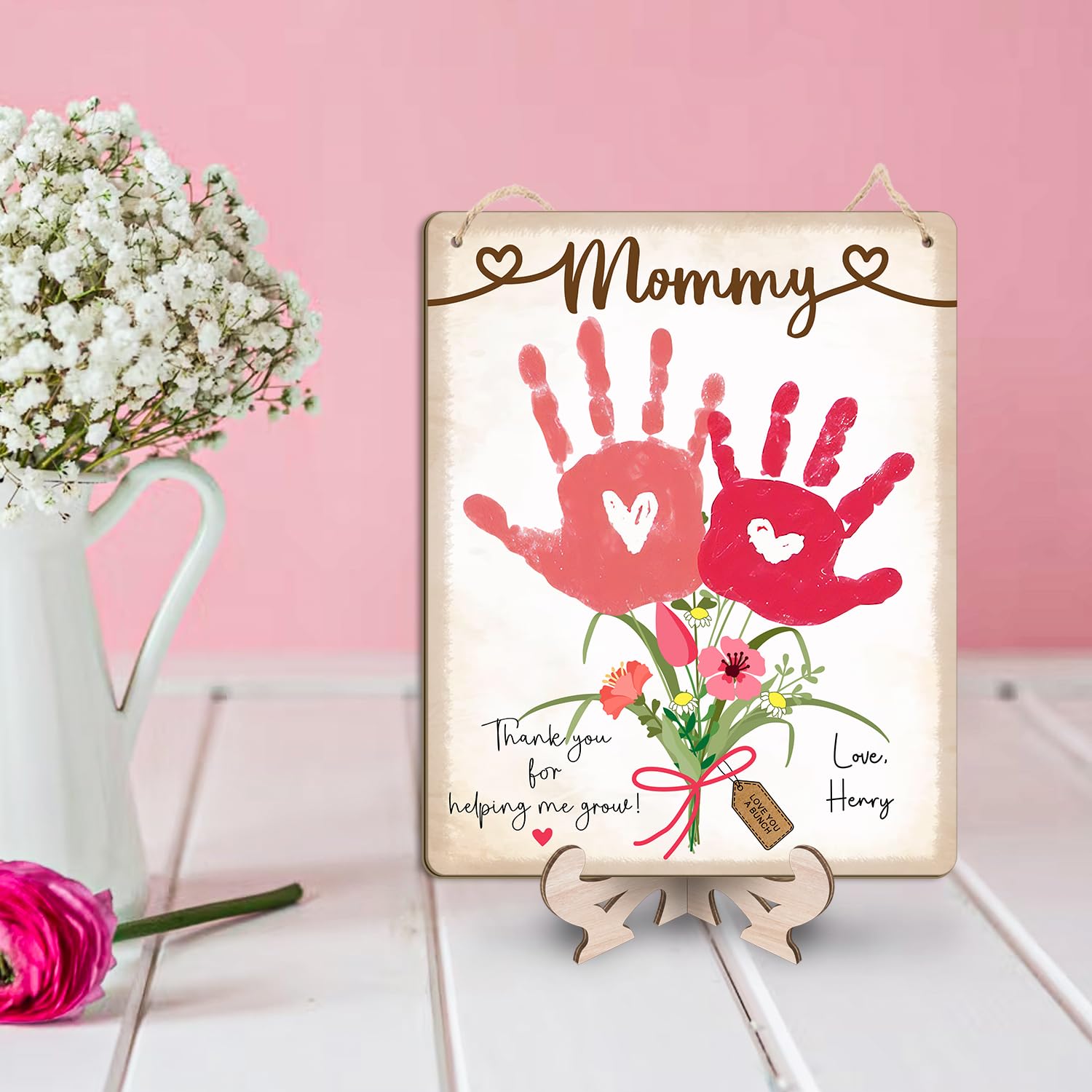 DIY Babys First Mothers Day Handprint Flowers Hanging Sign for Mom