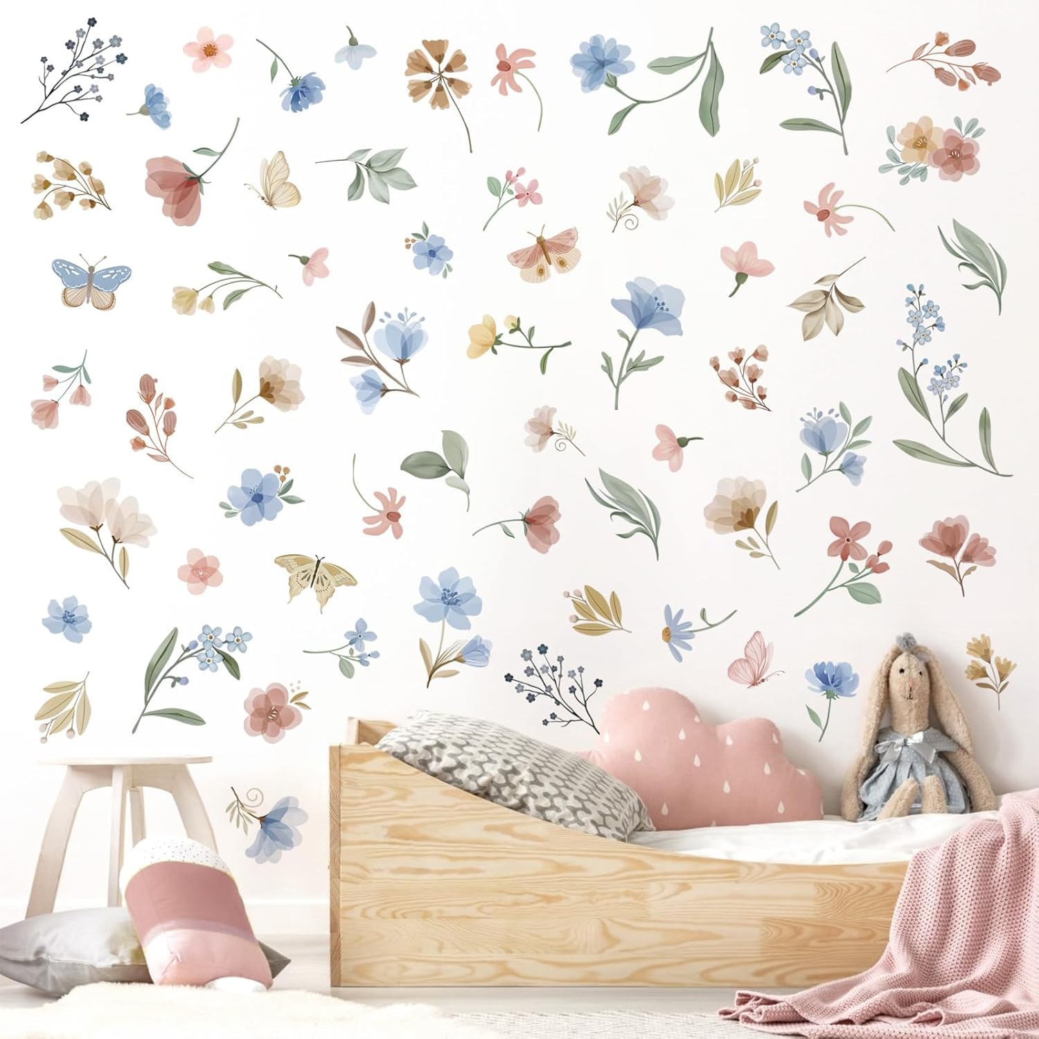 Wondever Boho Blue Floral Wall Decals Peel and Stick for Baby Room