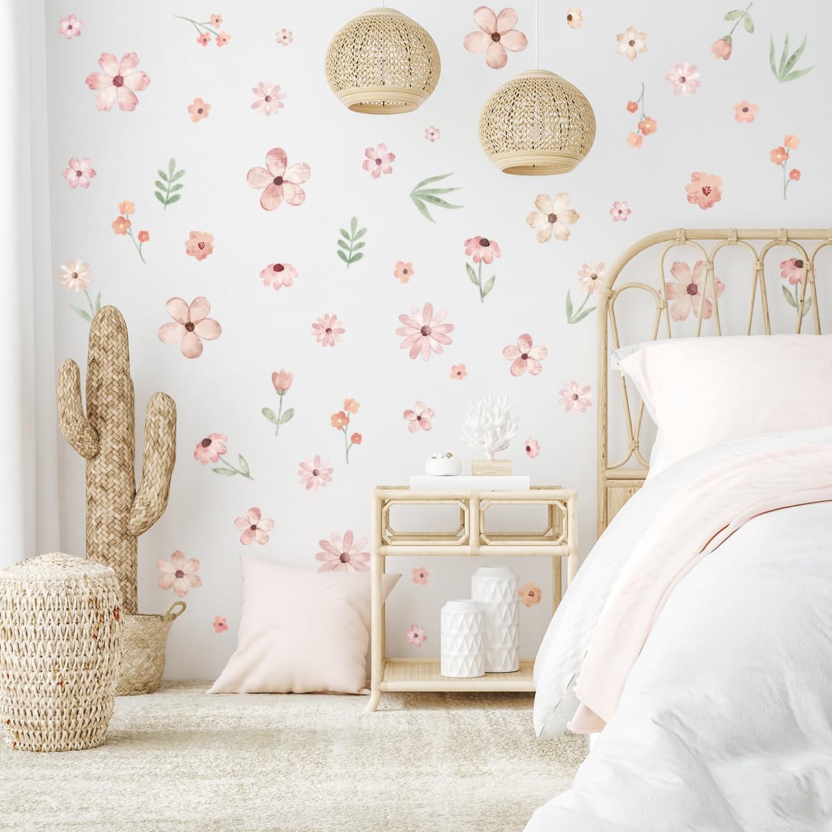 Boho Flower Wall Decals Pink Watercolor Decor Stickers