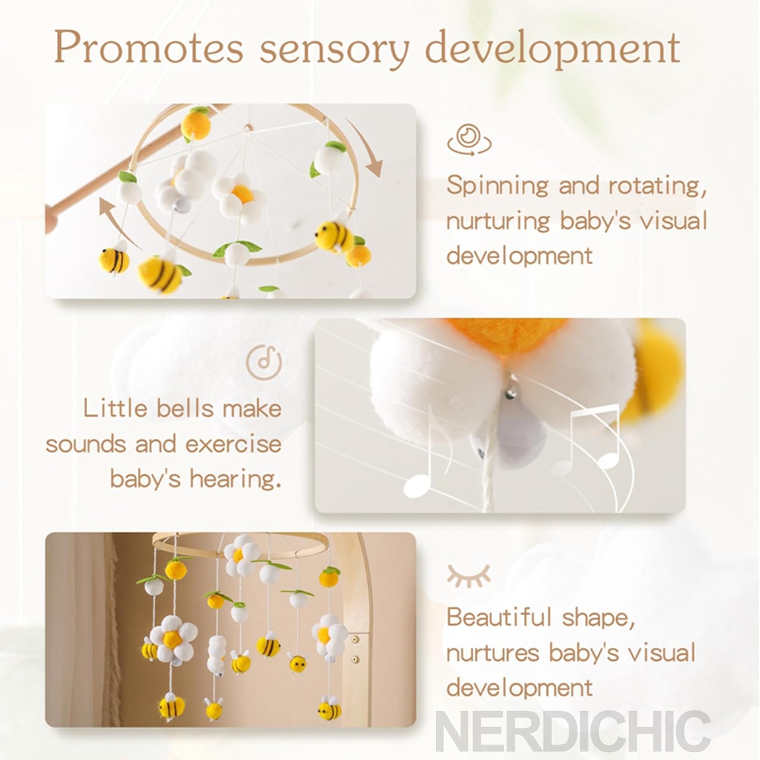 Gender Neutral Baby Mobile - Felt Daisy Bees Leaves