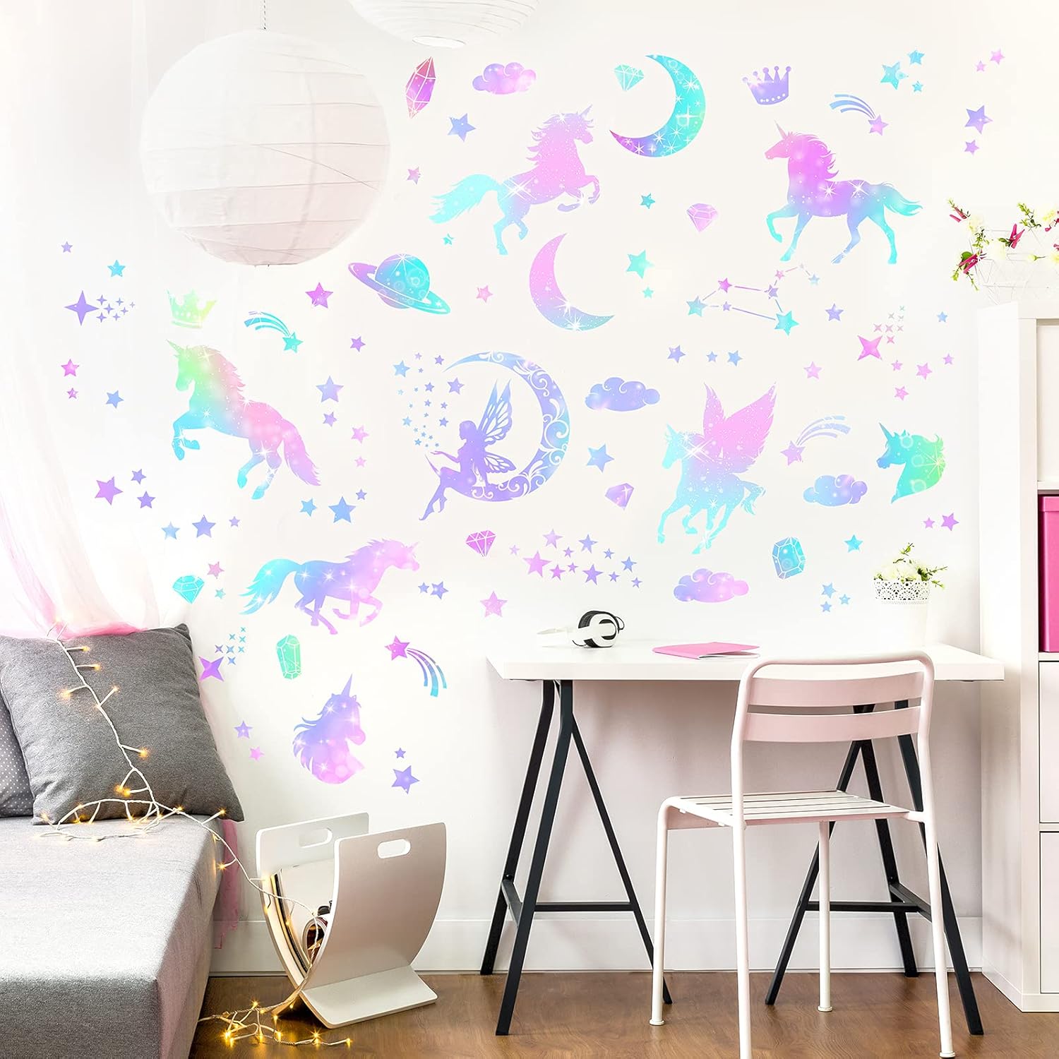 4 Sheets Unicorn Peel and Stick Wall Decal for Bedroom Playroom Living Room Decor