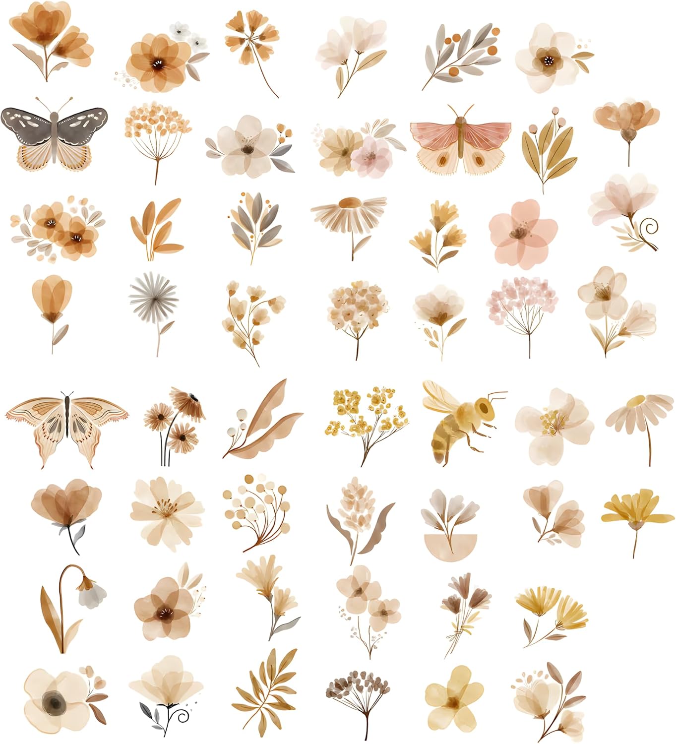 53 Pcs Boho Flower Wall Stickers Vintage Botanical Decor