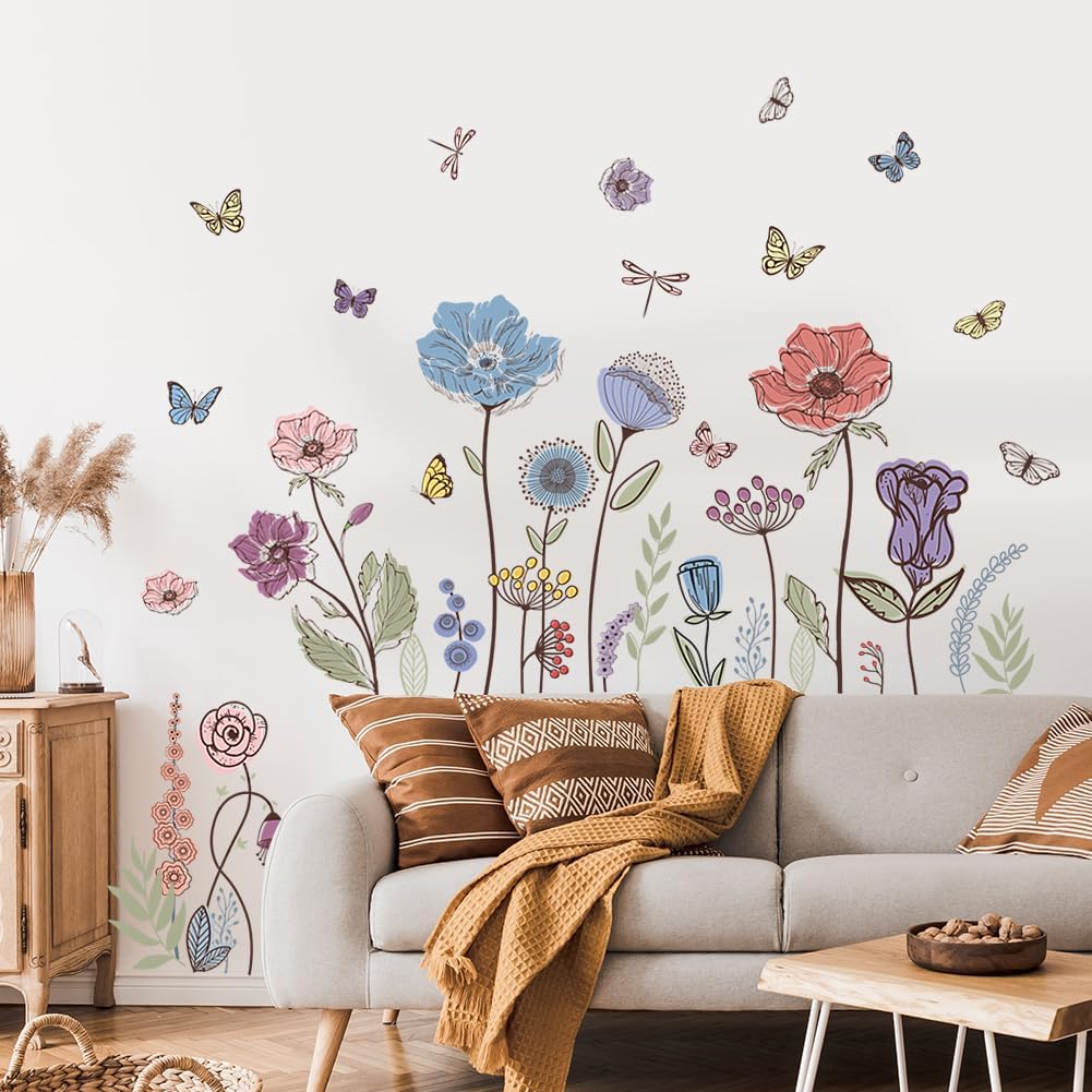 Prabahdak Flower Wall Decals Vintage Floral Butterfly Dragonfly Sticker Peel and Stick Decor