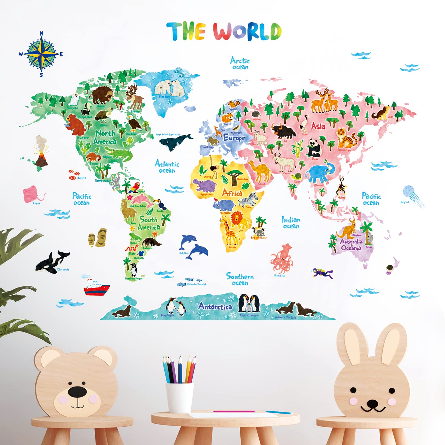 DECOWALL SG2-1615S Animal World Map Wall Stickers for Kids