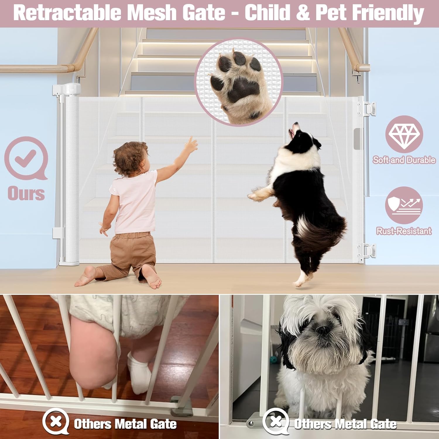 56 Inch Retractable Dog Gate with Reinforced Strip - White