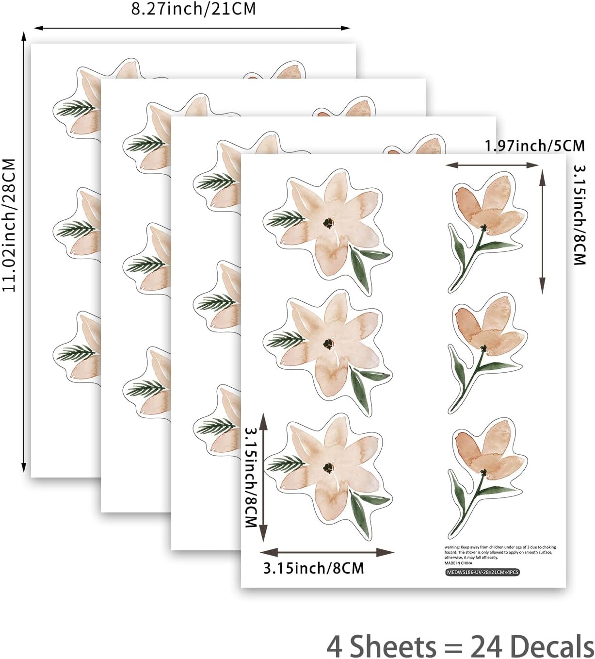 QUCHENG Boho Watercolor Wall Stickers 4 Sheets
