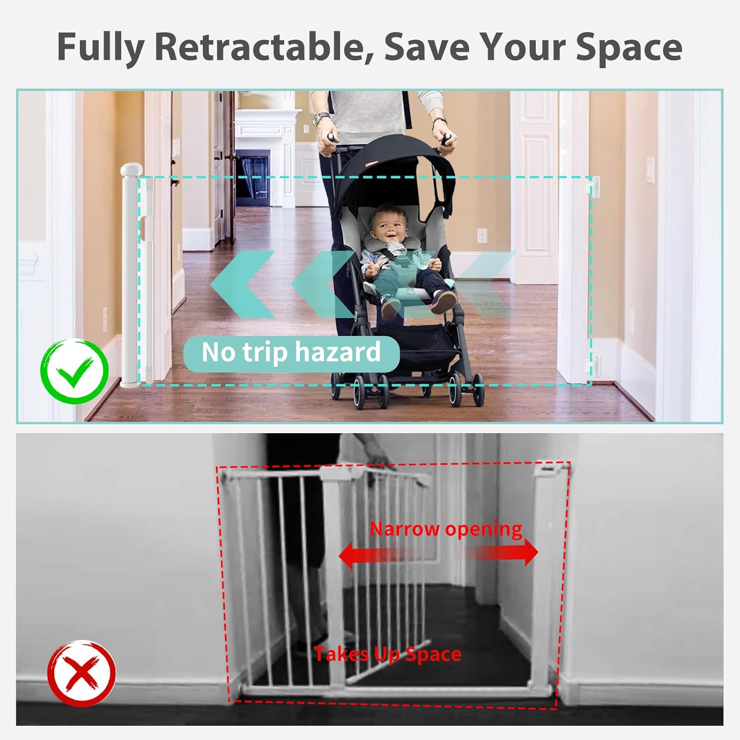 Retractable Baby Gate with Auto-Lock and Double Locking Safety