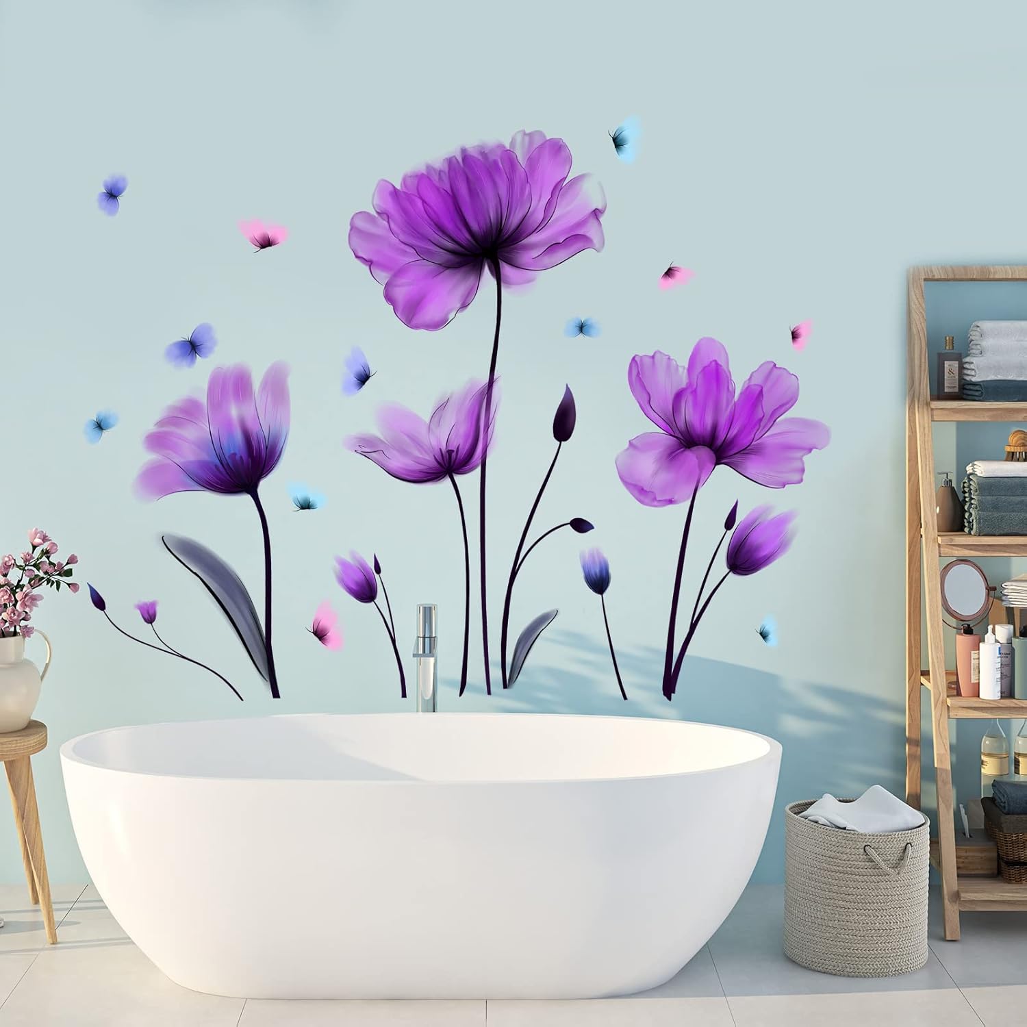 Purple Floral Wall Sticker Removable Butterfly Wall Decal for Nursery Bedroom Kids Room