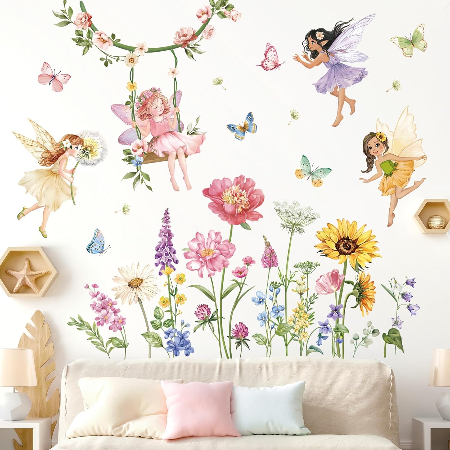 Flower Fairy Wall Decals Butterfly Girl with Wildflower Sunflower Decor Stickers