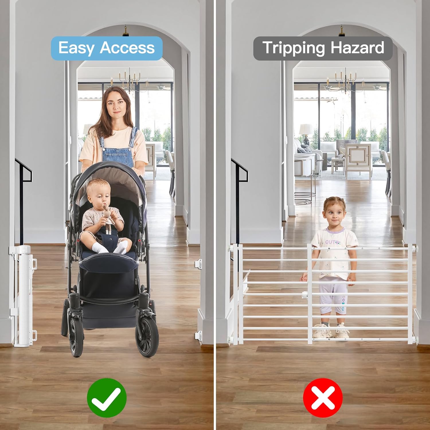 24 Inch Tall Retractable Baby Gate for Stairs and Doorways White