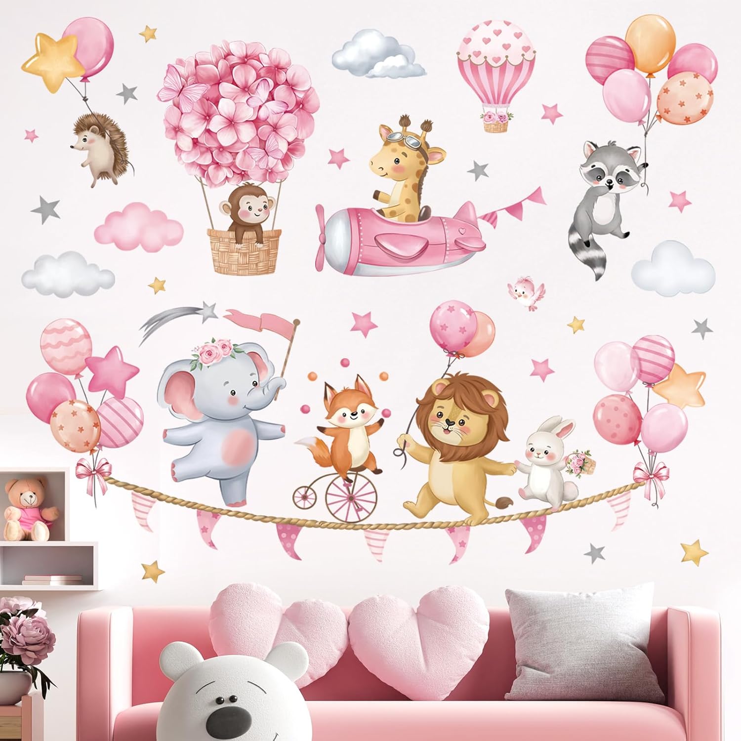 Pink Animal Hot Air Balloon Wall Decals for Girls Room