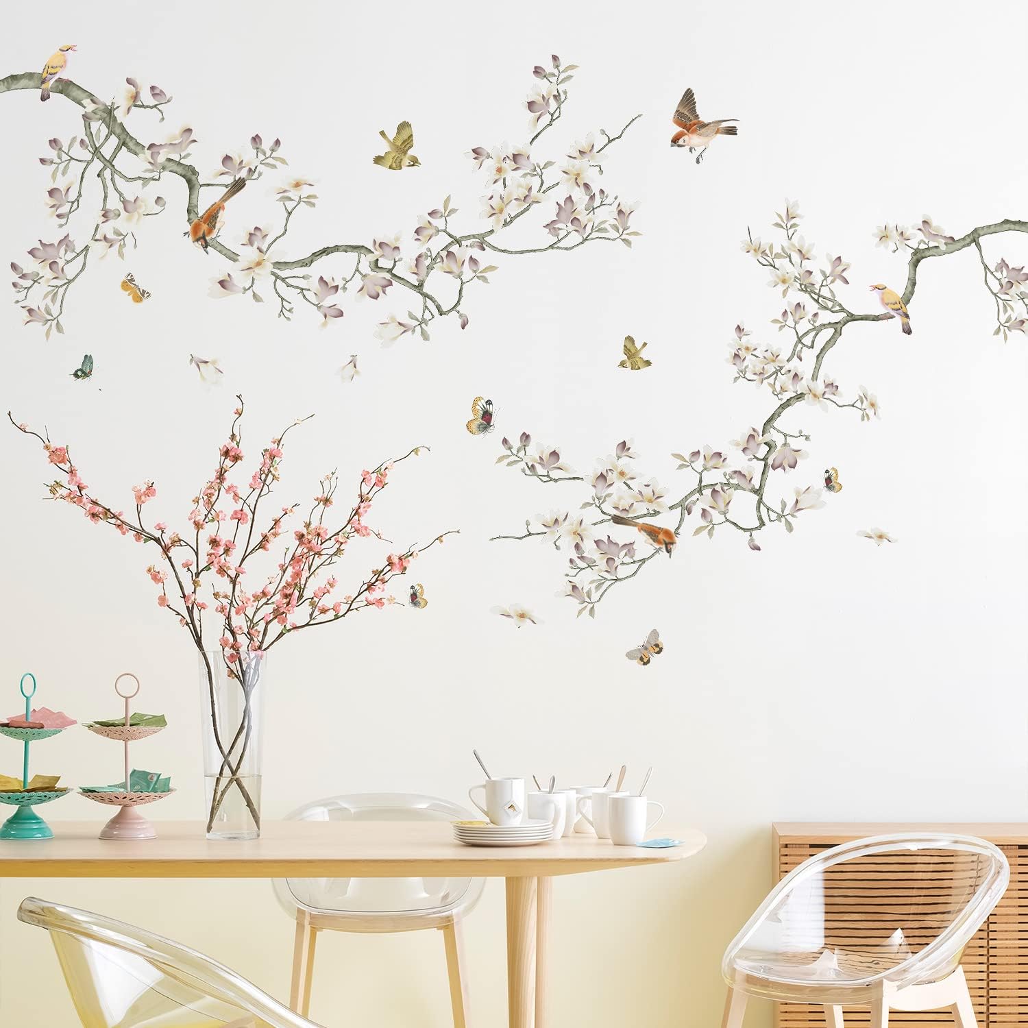 3D Curved Tree Branches with Colorful Flying Birds Wall Decals