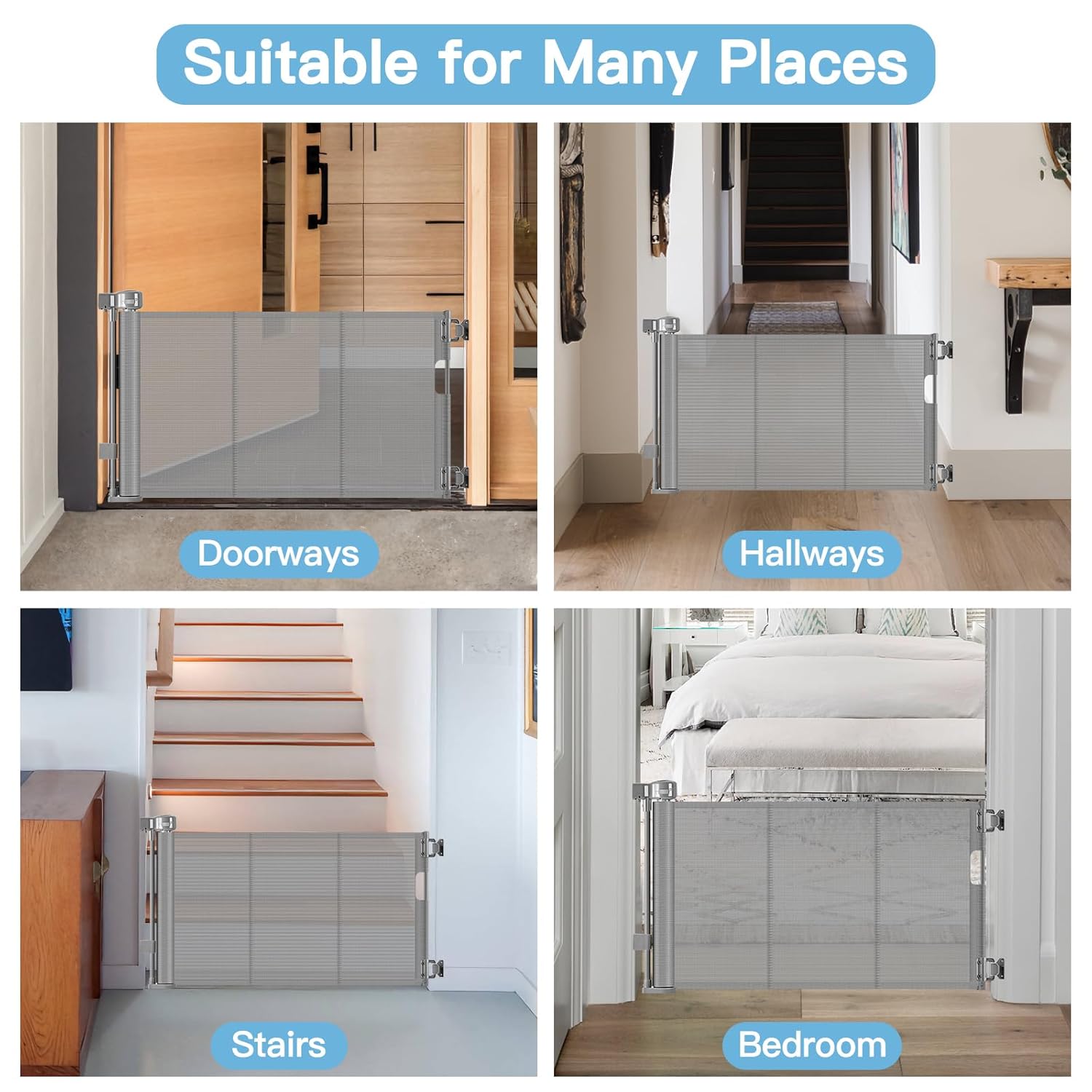 Narrow Baby Gate 24 Tall Retractable for Stairs and Doorways Gray