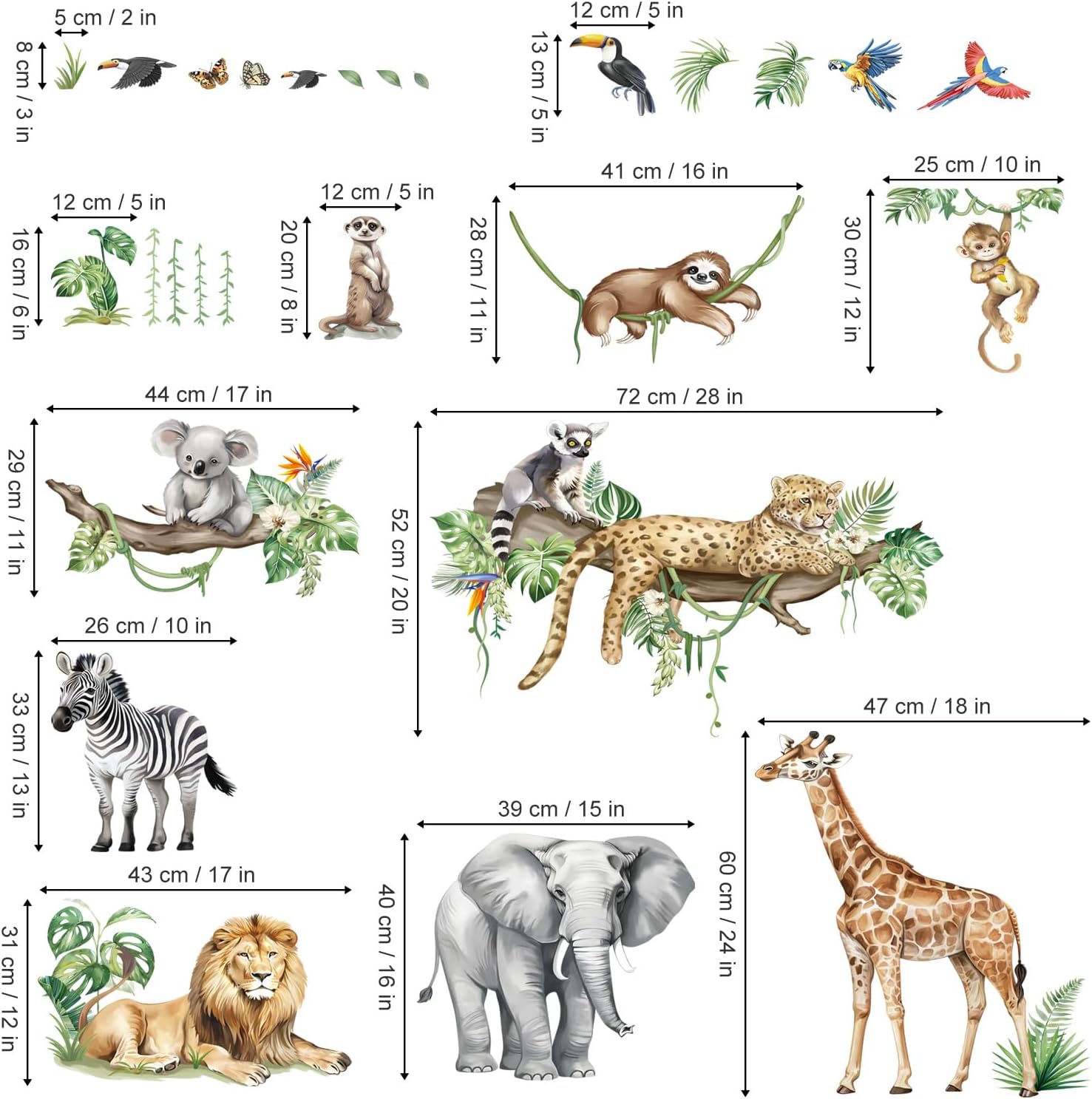 decalmile Large Safari Animals Wall Stickers for Kids Room and Baby Nursery