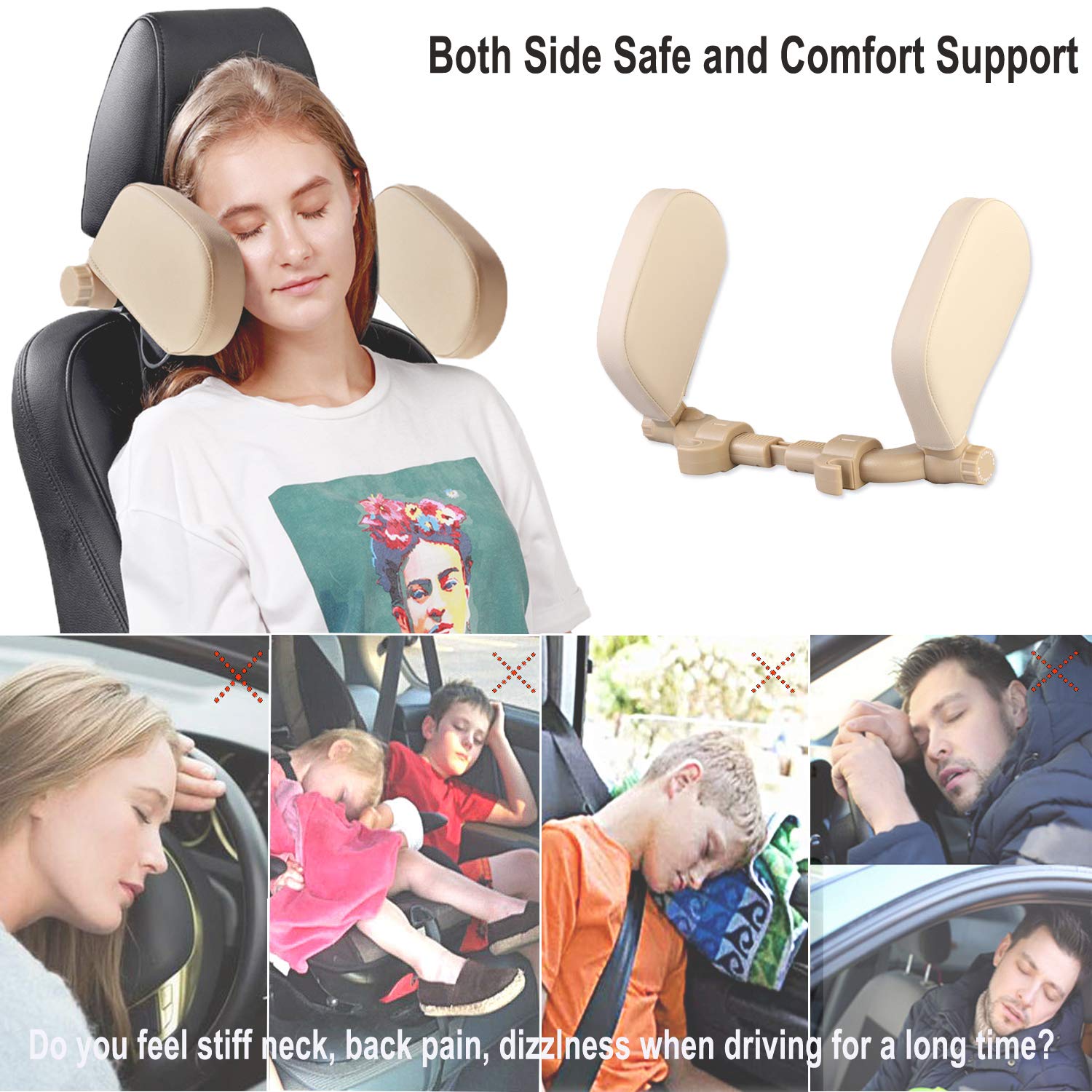 JZCreater Car Headrest Pillow for Adults and Kids Beige