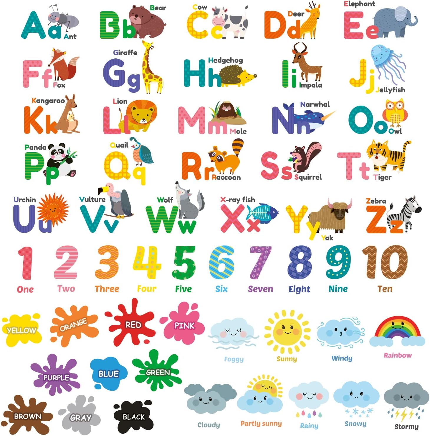 DECOWALL Animal Alphabet Numbers Wall Stickers for Kids Playroom Bedroom Nursery