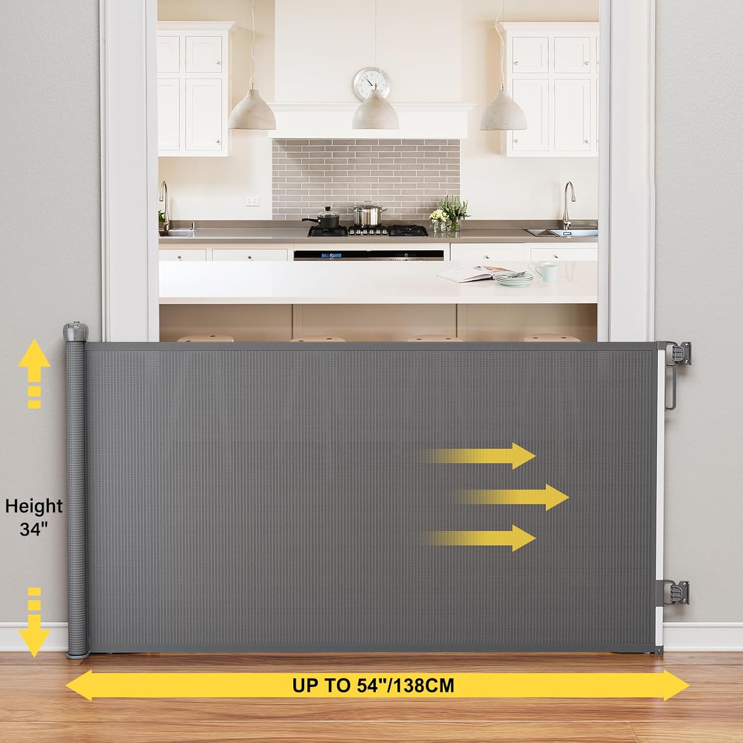 Retractable Baby Gate for Doorways and Stairs Grey