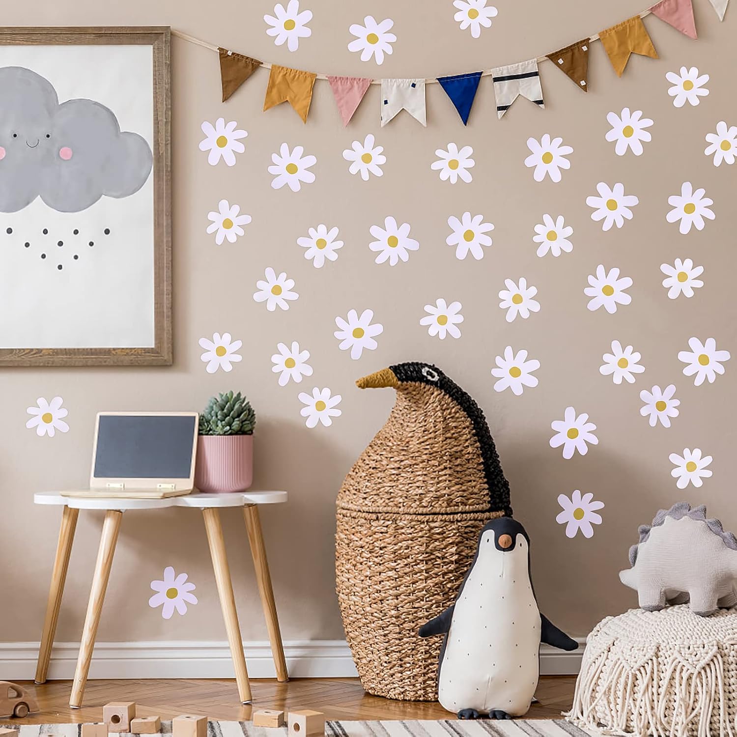 Bremorou 36PCS Retro White Daisy Wall Stickers for Decor