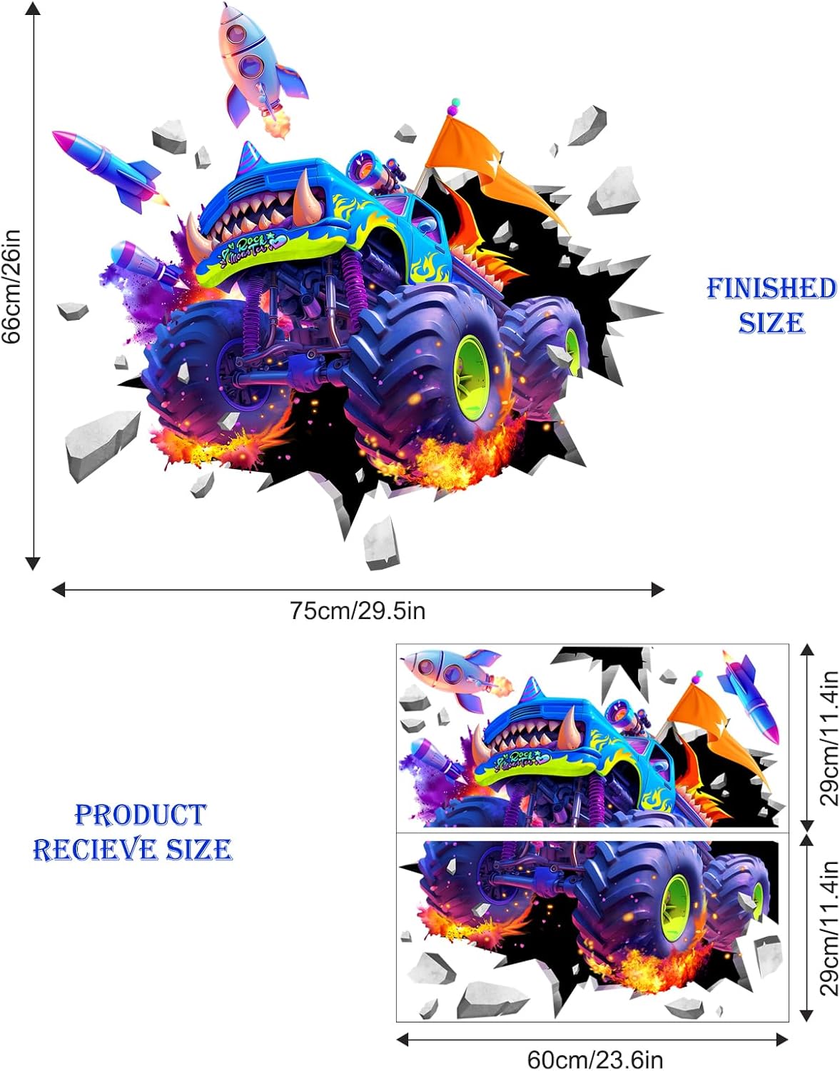 Supzone 3D Racing Truck Wall Decals for Kids