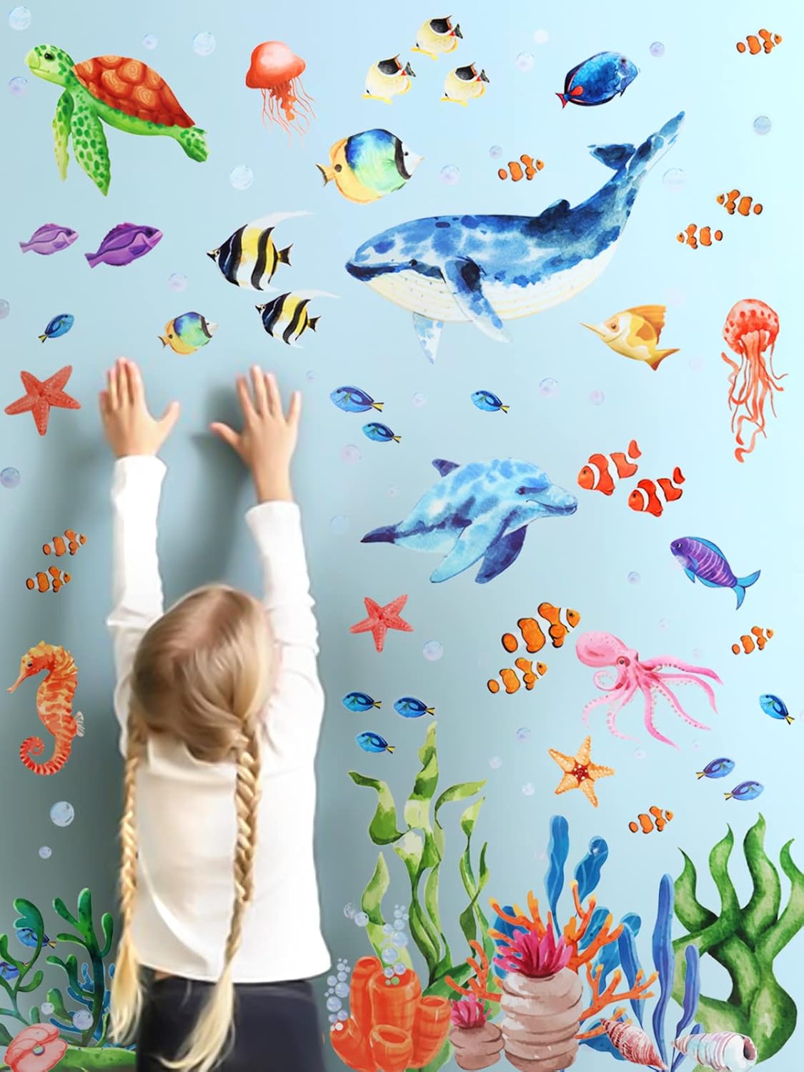 Kalolary Under The Sea Wall Decals Set - 3D Coral Reef Ocean Grass Bubbles More