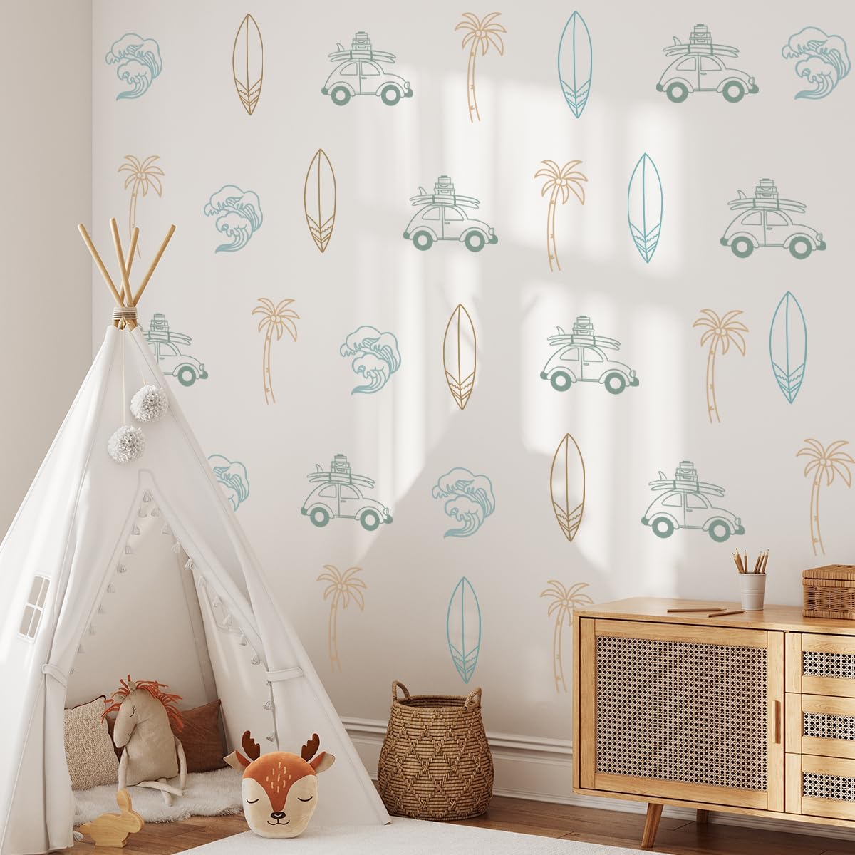 Retro Surfer Wall Sticker with Ocean Waves and Palm Trees