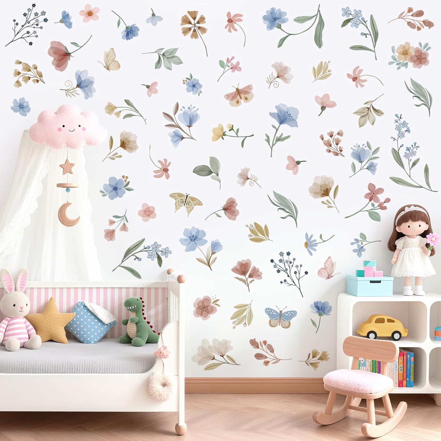 Wondever Boho Blue Floral Wall Decals Peel and Stick for Baby Room