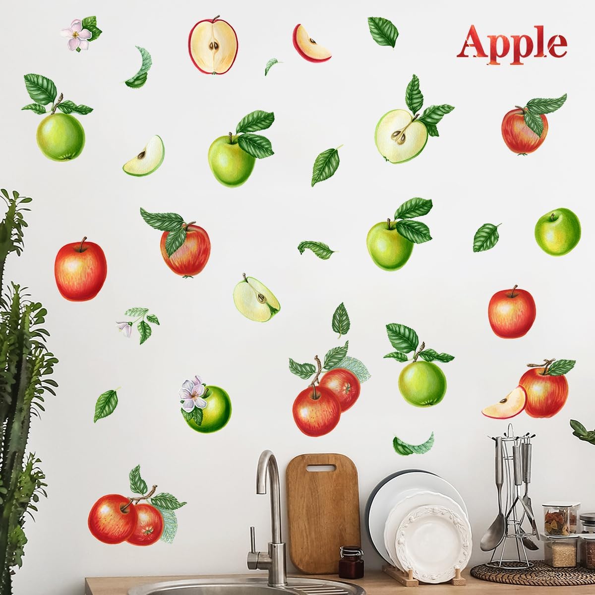 DEIKOKA Apple Wall Decals Set of Red Apples with Leaves and Slices