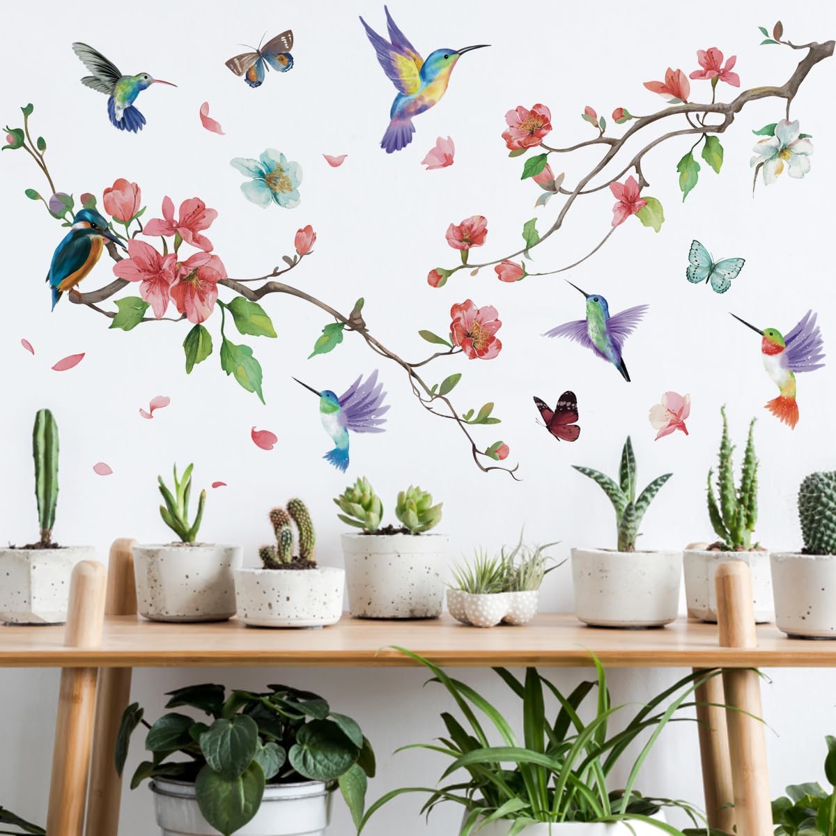 Runtoo Hummingbird Pink Floral Wall Decal Sticker