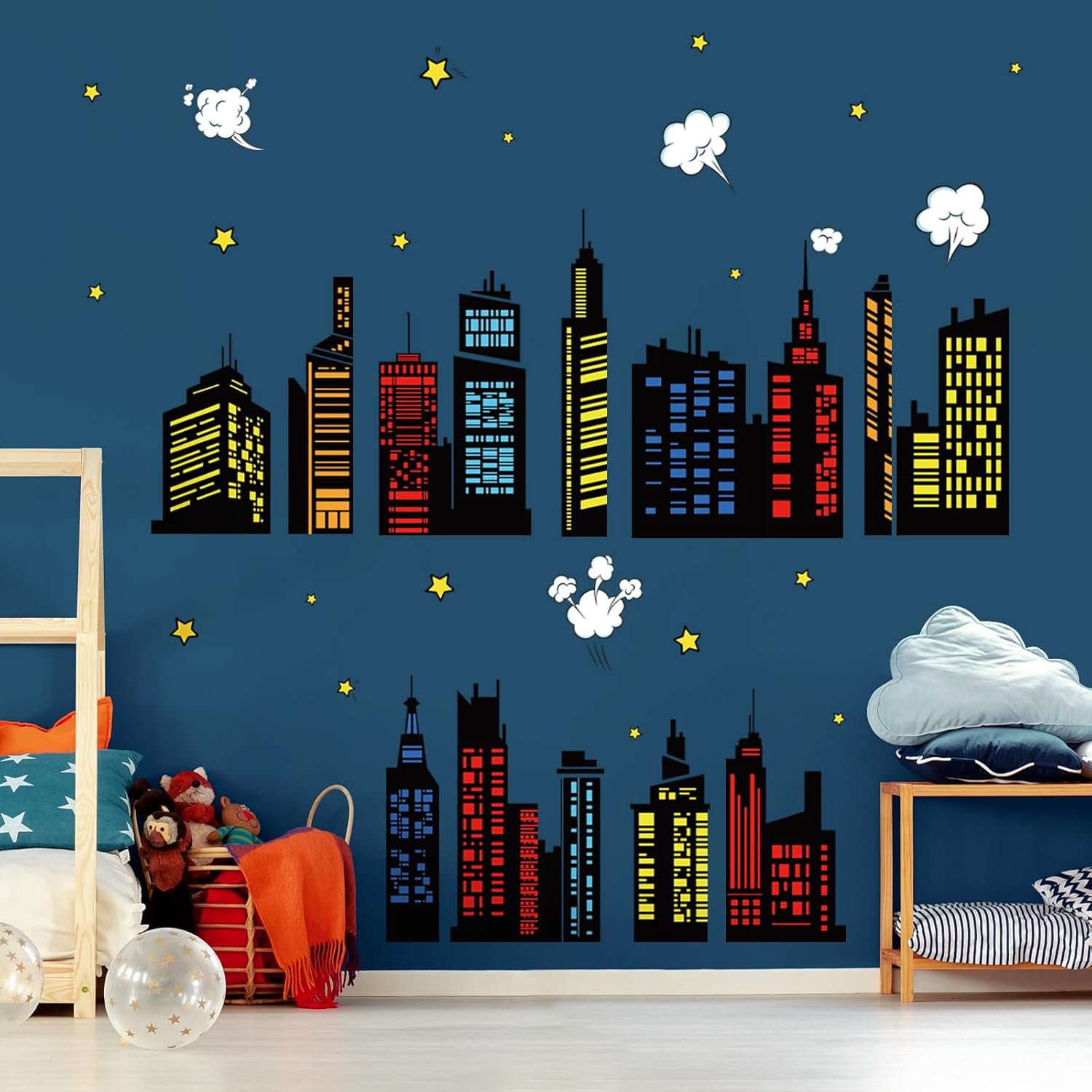 Colorful City Skyline Wall Decals for Bedroom Playroom and Toddler Room