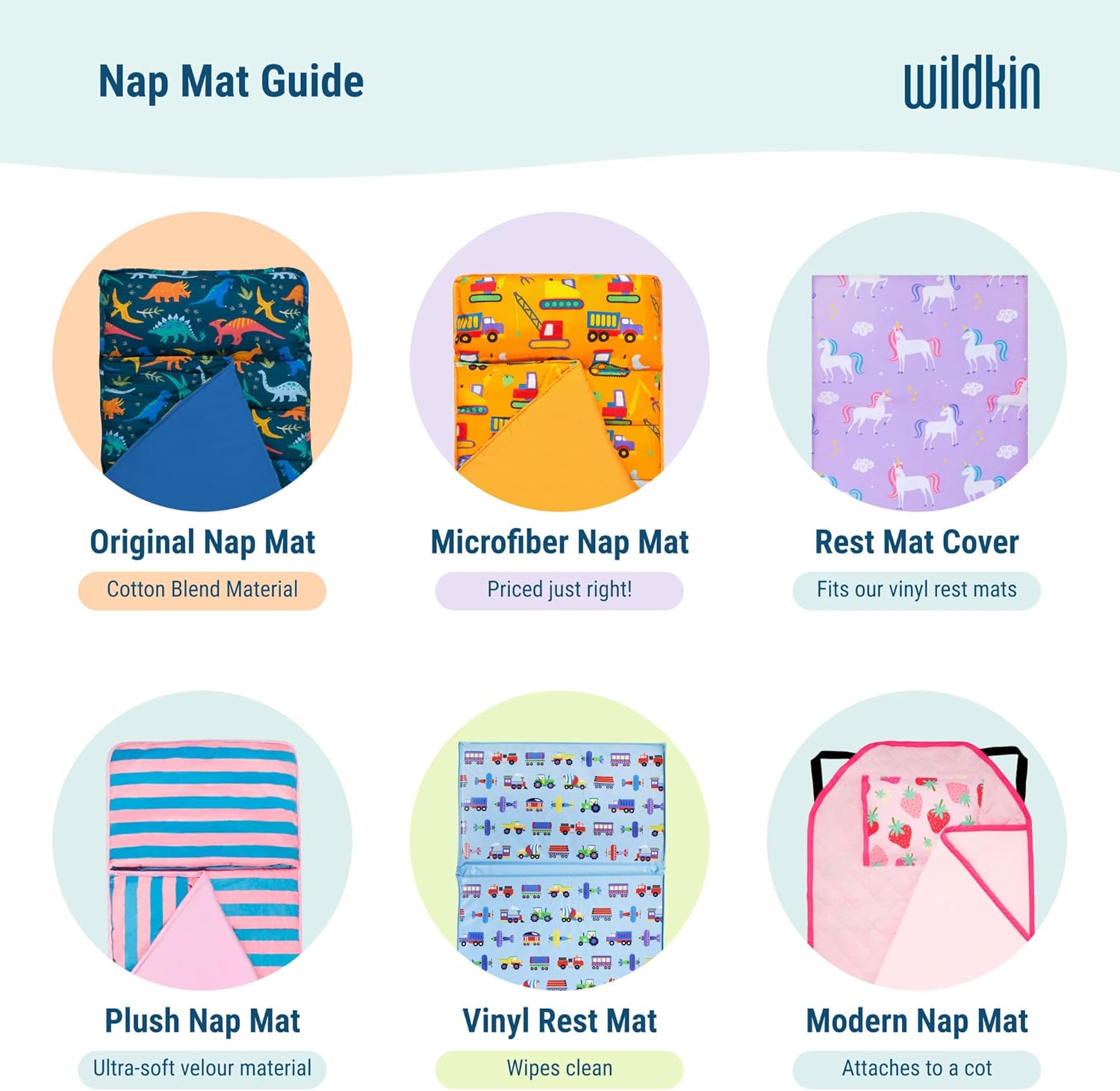 Wildkin Quilted Kids Nap Mat with Pillow and Elastic Straps