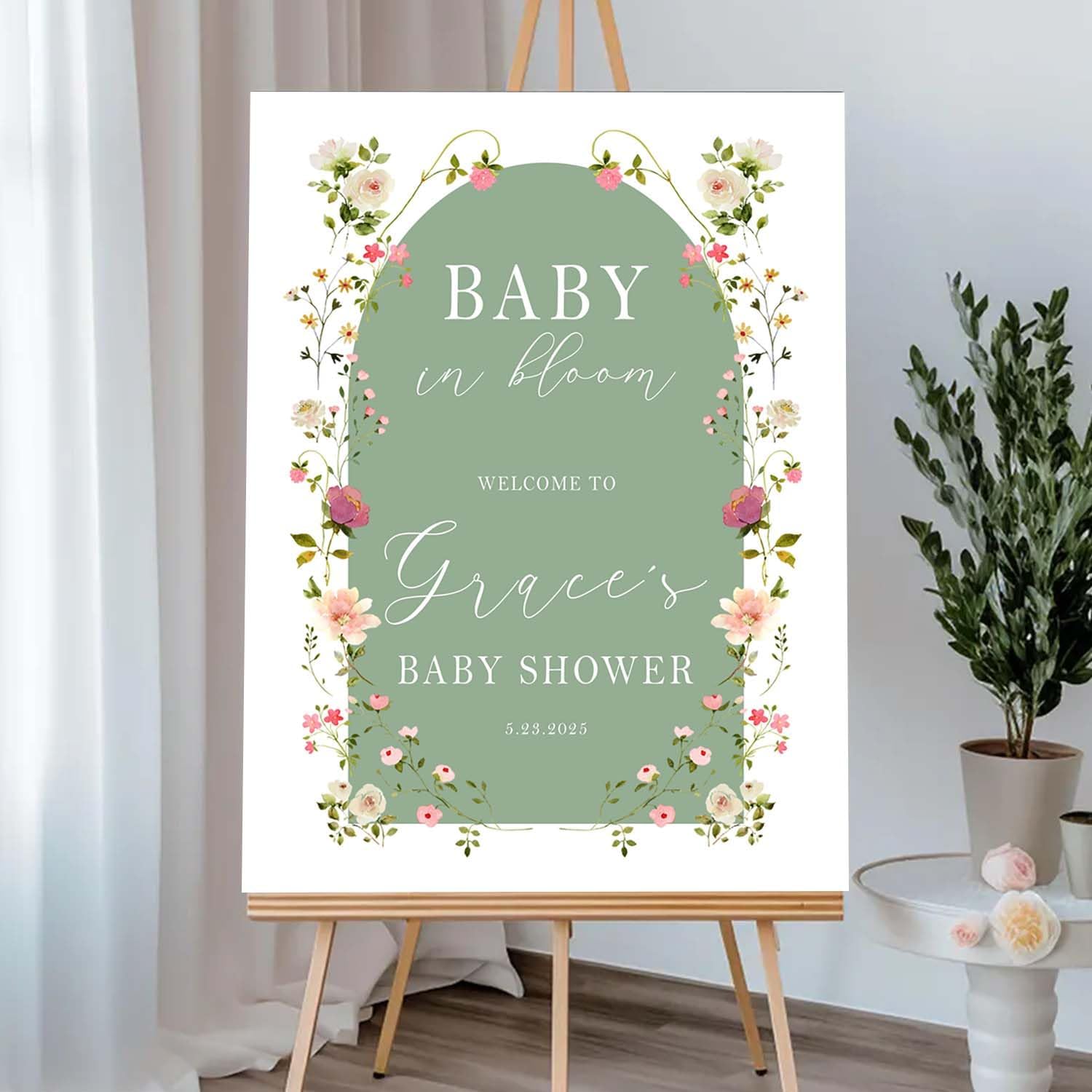 Personalized Green Arch Baby Shower Welcome Sign - Elegant Girl Entrance Decor