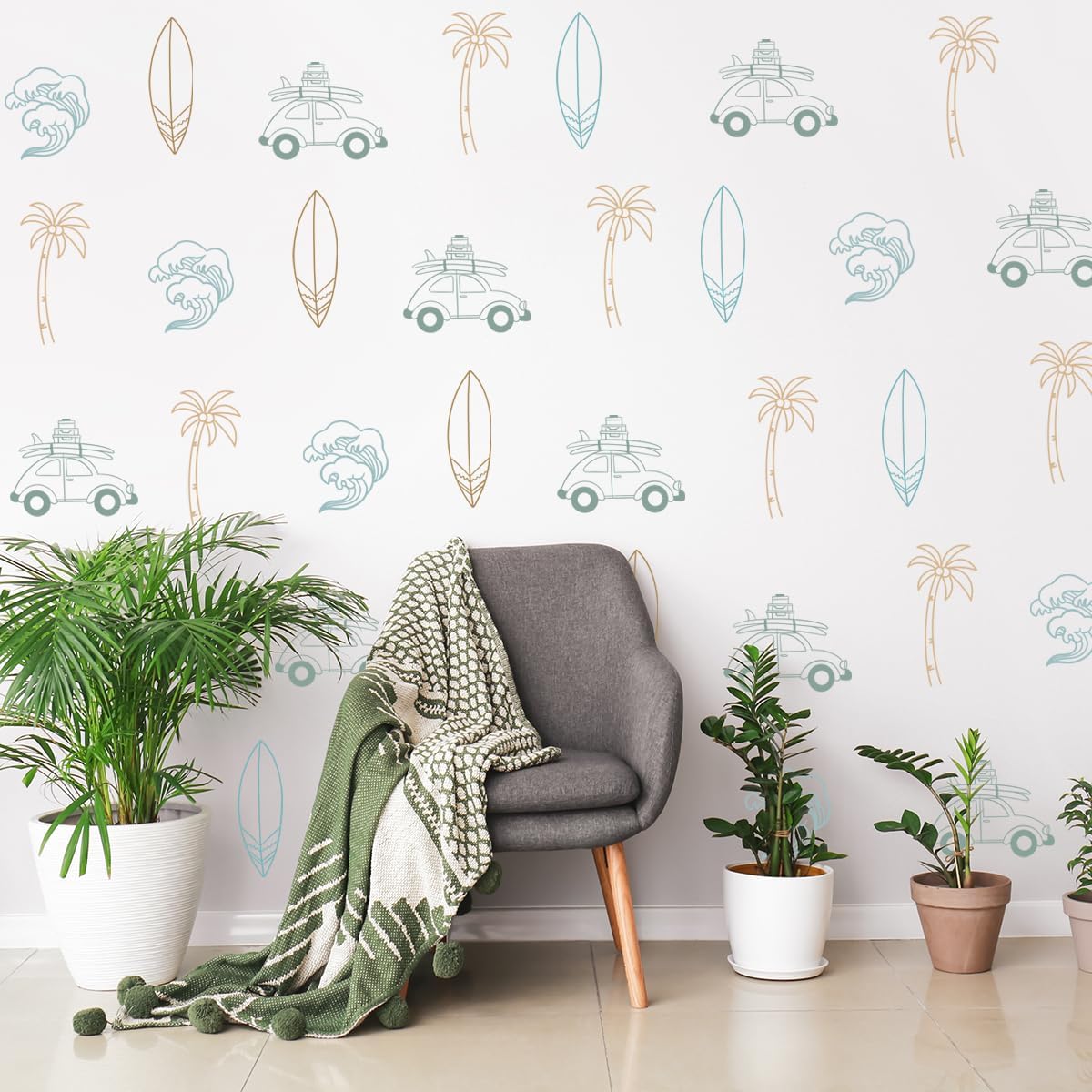 Retro Surfer Wall Sticker with Ocean Waves and Palm Trees