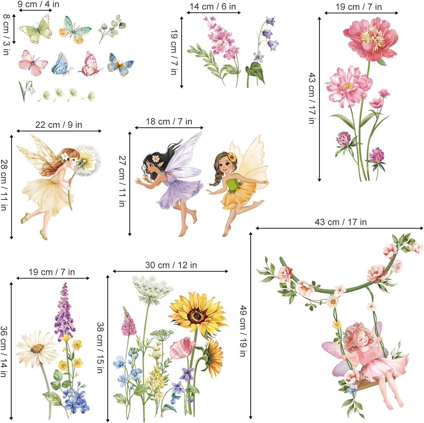 Flower Fairy Wall Decals Butterfly Girl with Wildflower Sunflower Decor Stickers
